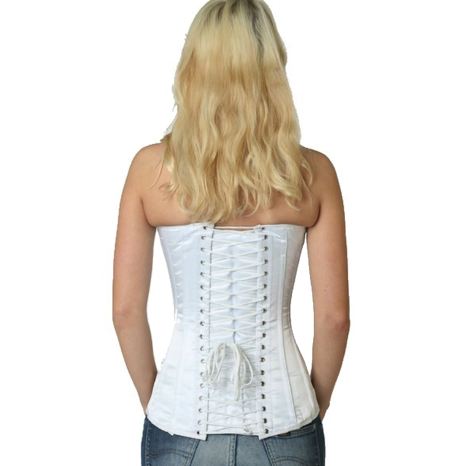 Satin Corset Overbust Corset White Back view of a model in a satin overbust tightlacing corset in white with classic back lacing