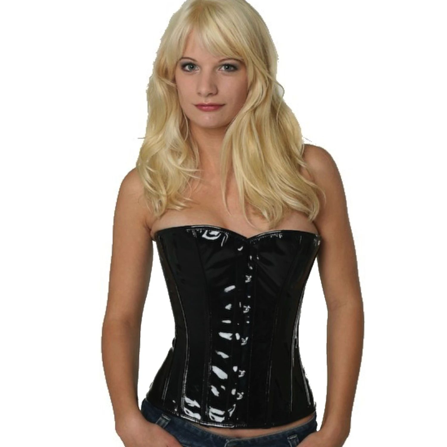 Black PVC half-bust corset with stainless steel boning Model wearing an elegant vinyl half-bust corset in black with cotton inner lining