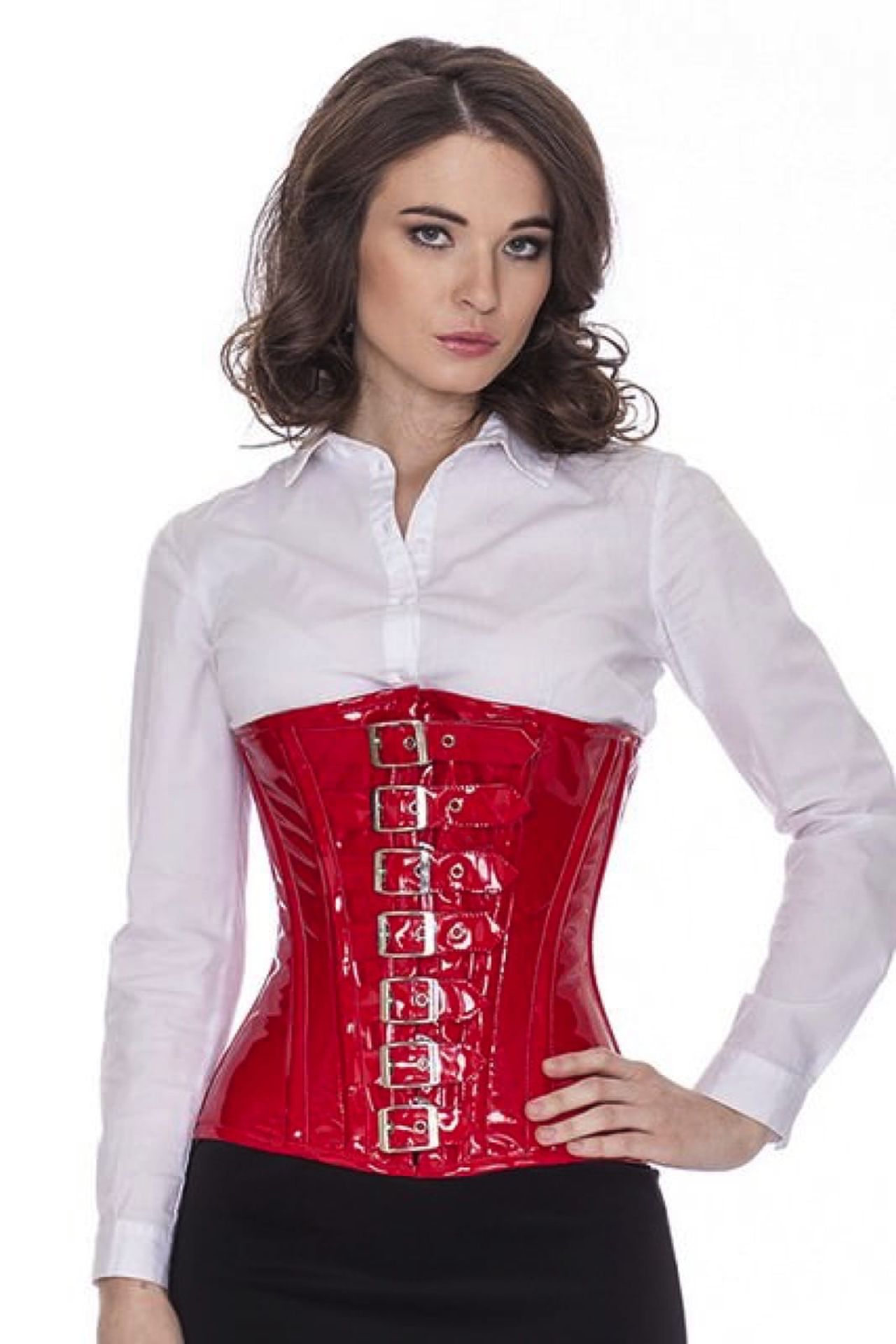 Korsett Corsage Rot Lack Unterbrust mit Schnallen pc71