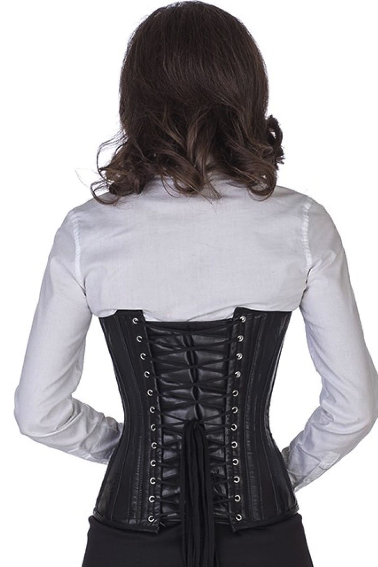 Korsett Schwarz Leder Unterbrustkorsett Schnallen Back view of the brocade overbust corset on model highlighting the tightlacing laces for waist reduction