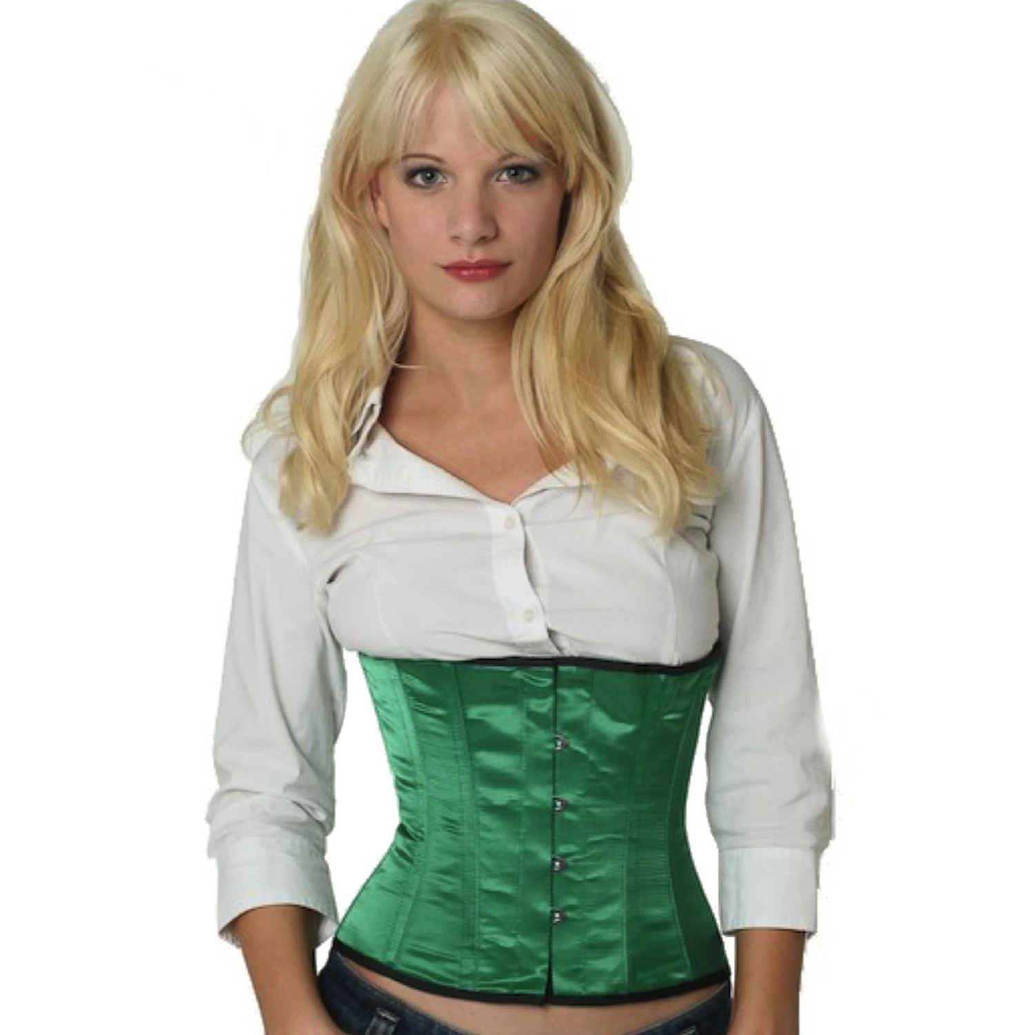 Modelo vestindo um elegante corset de cintura de cetim verde com forro interno de algodão