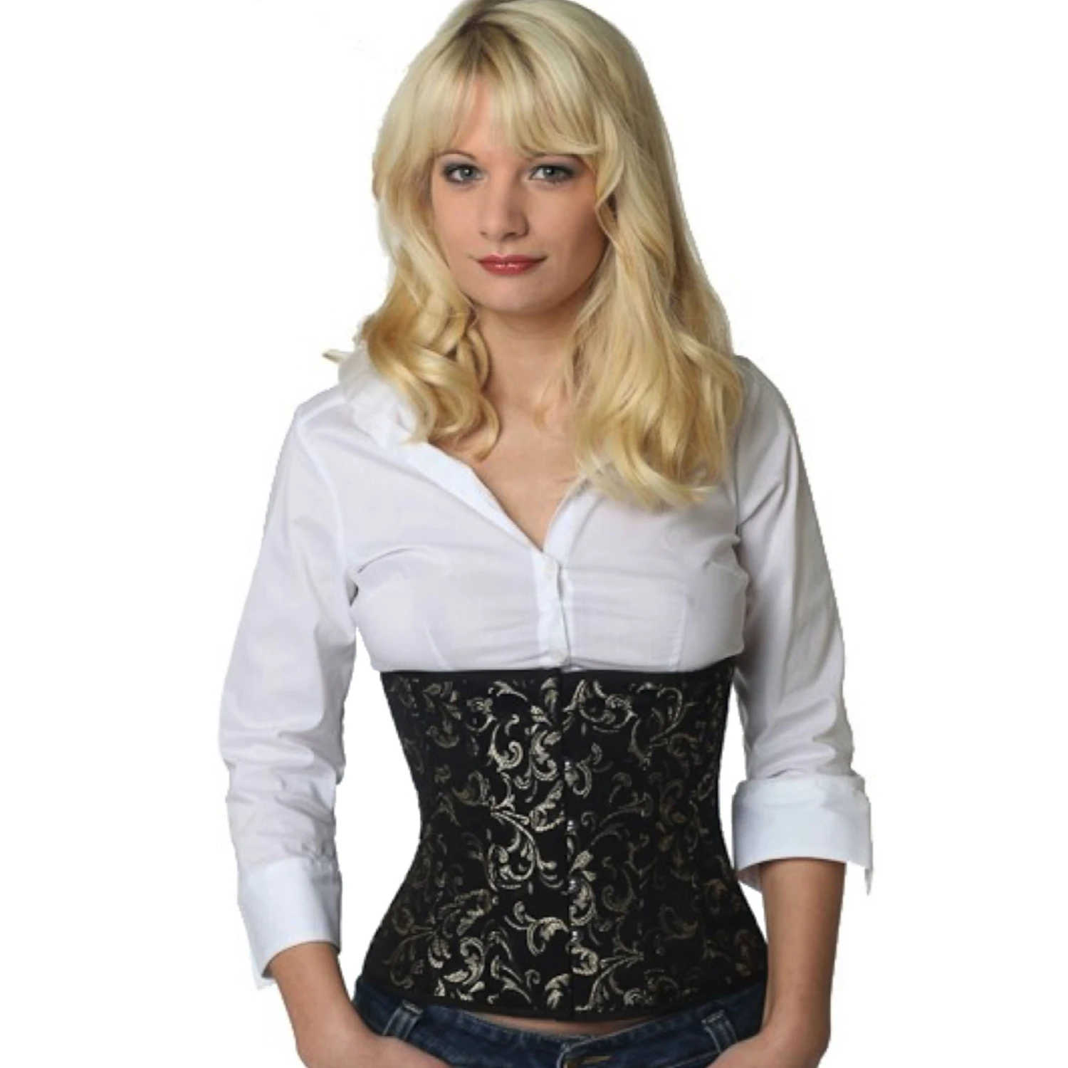 Brocade Corset Waist Corset Gold Model wearing a short brocade waist cincher corset in gold with cotton inner lining