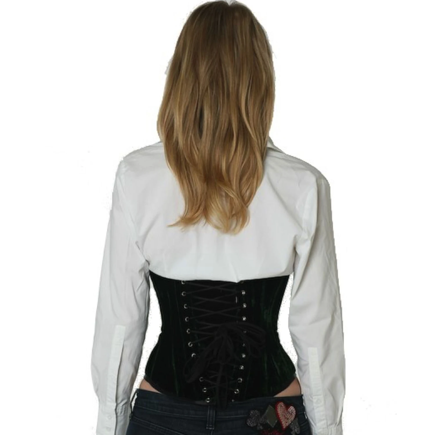 Corsé de terciopelo corsé bajo el busto verde Vista trasera de uma modelo con corsé de cordones de terciopelo bajo el pecho en verde con lazada clásica trasera
