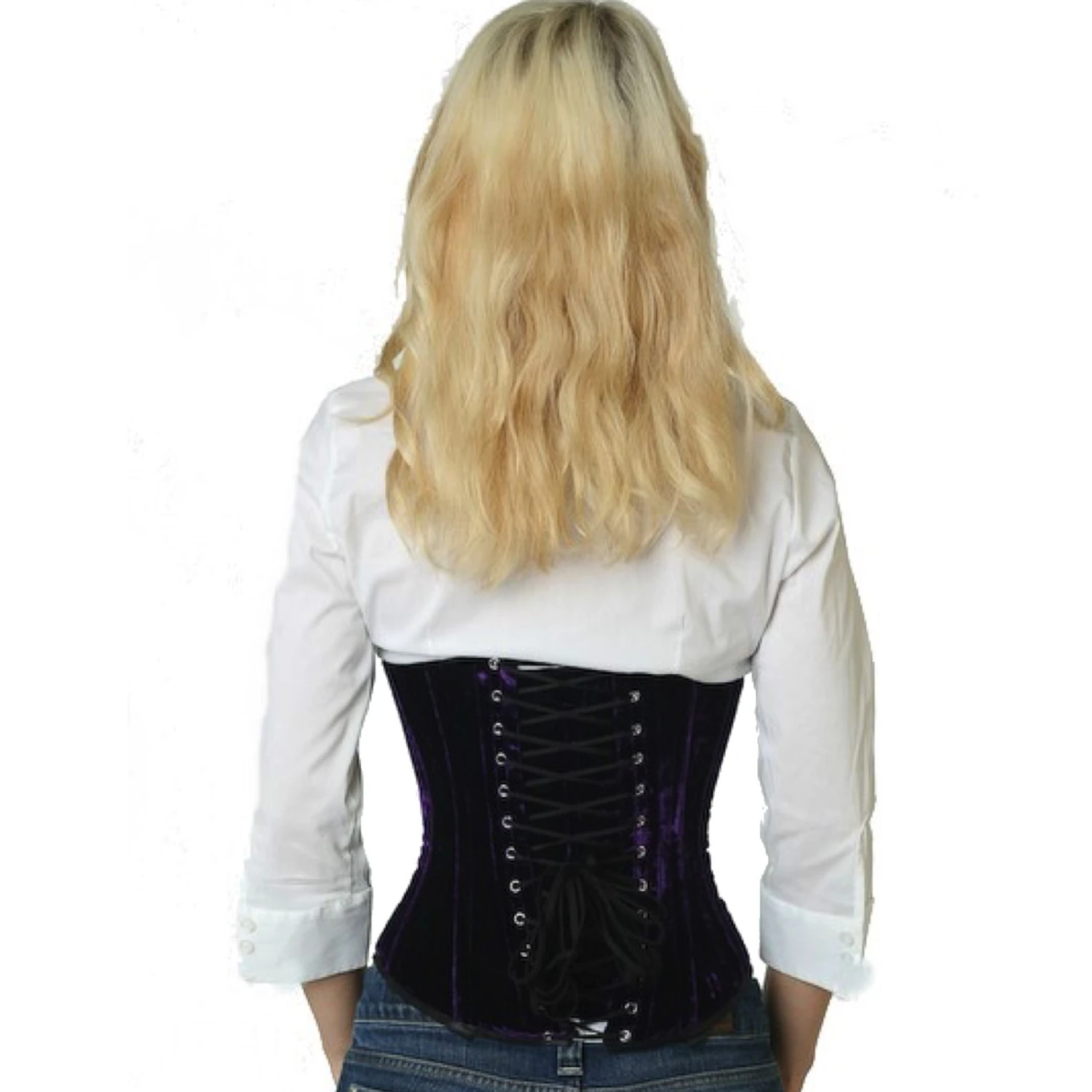 Back view of a model in a velvet underbust tightlacing corset in purple with classic back lacing