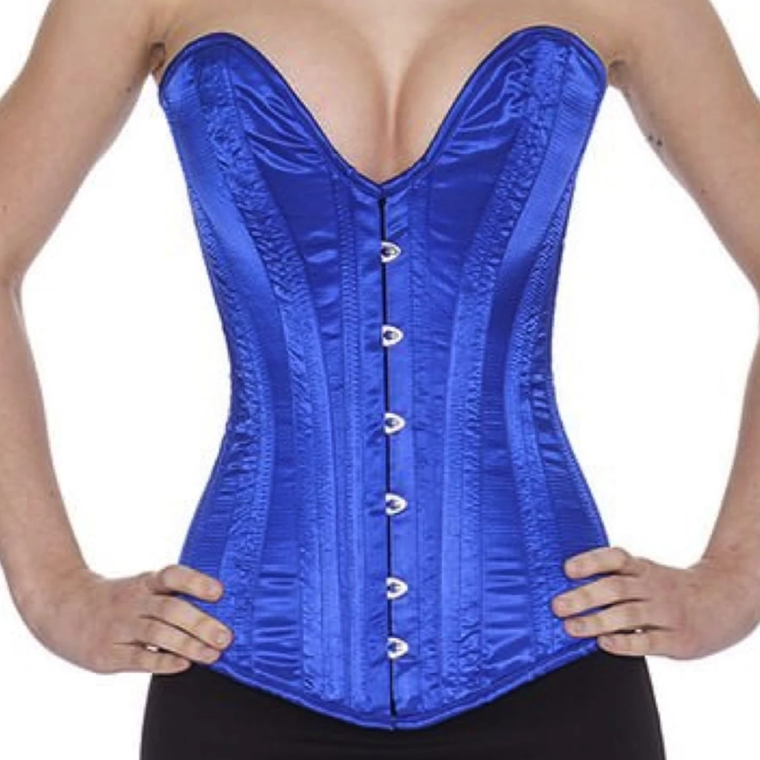 Overbust satin corset in blue with a deep plunge neckline Overbust satin corset in blue with a deep plunge neckline