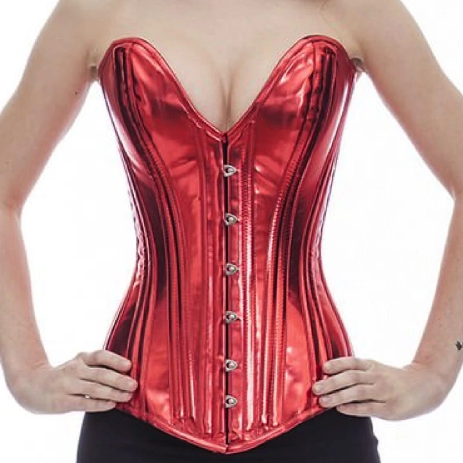 Espartilho em verniz de busto inteiro com decote profundo em V – Vermelho Metálico Autêntico corset busto completo em verniz brilhante em vermelho glitter com decote profundo plunge para redução de cintura