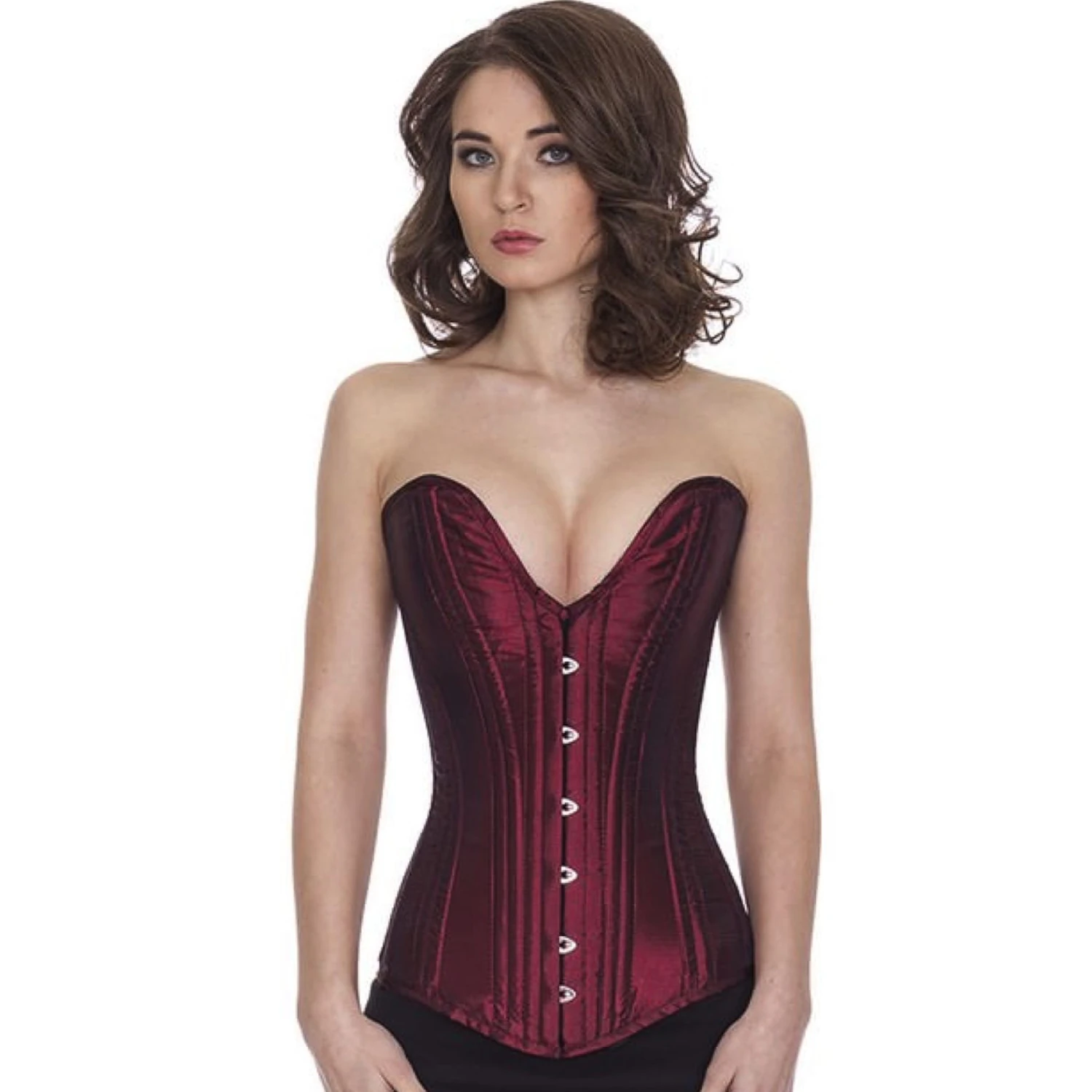 Corpete Espartilho Vinho Cetim Busto Inteiro Decote Profundo sl05 Modelo vestindo um corset busto completo clássico em cetim de estilo plunge em vermelho escuro com forro de algodão