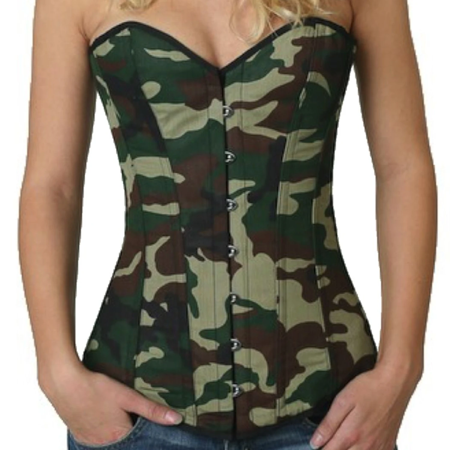 Korsett Kamuflasje Overbust xy68 Model draagt het camouflage taillecorset in army-look – vooraanzicht van onderborst corset voor taillereductie