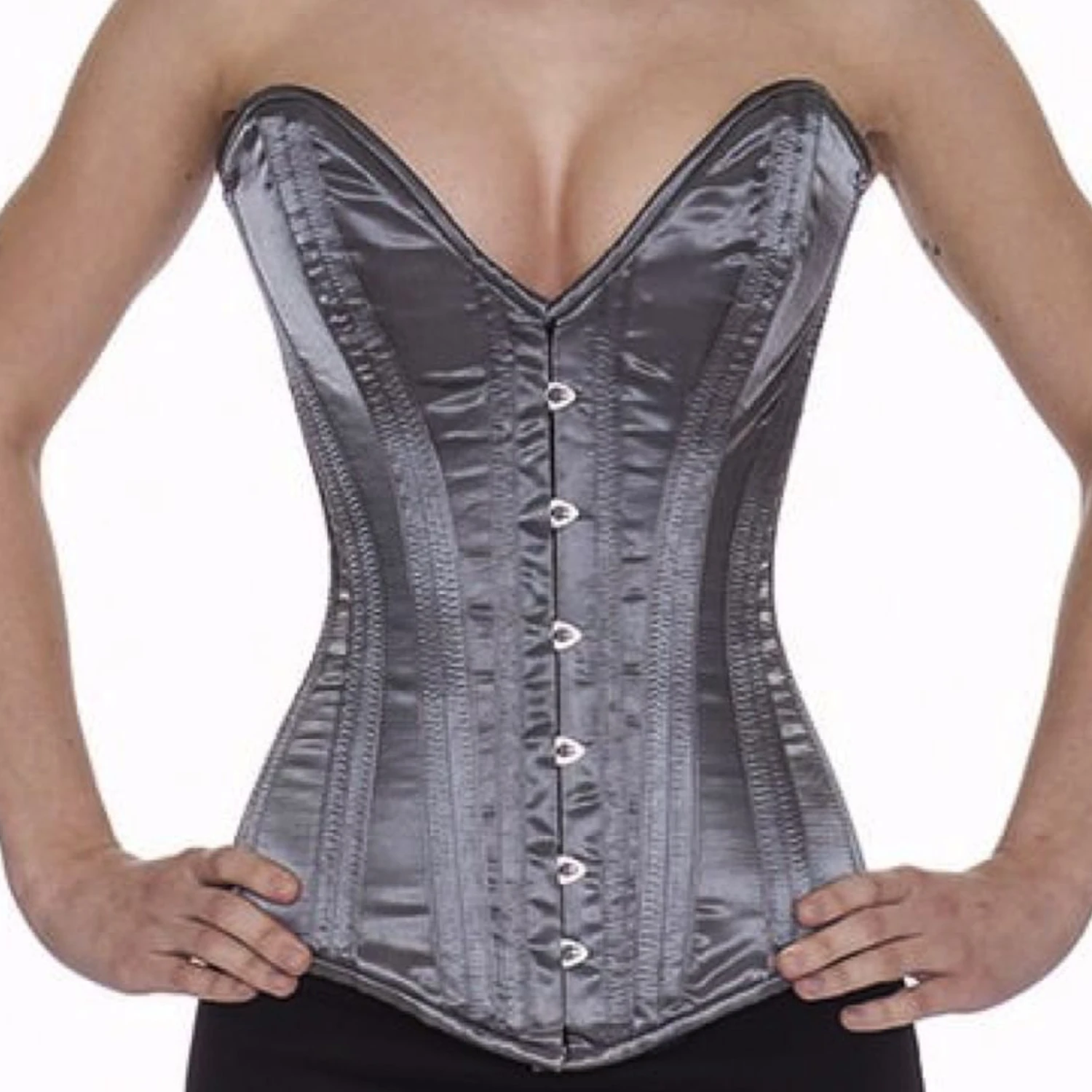 Overbust corset made of black satin with a deep plunge neckline Overbust corset made of black satin with a deep plunge neckline