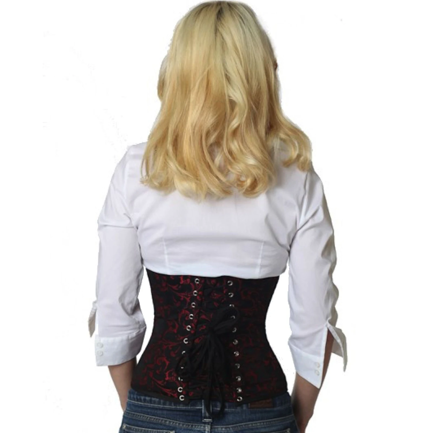 Brocade Corset Waist Corset Red Back view of a model in a brocade waist tightlacing corset in red with classic back lacing