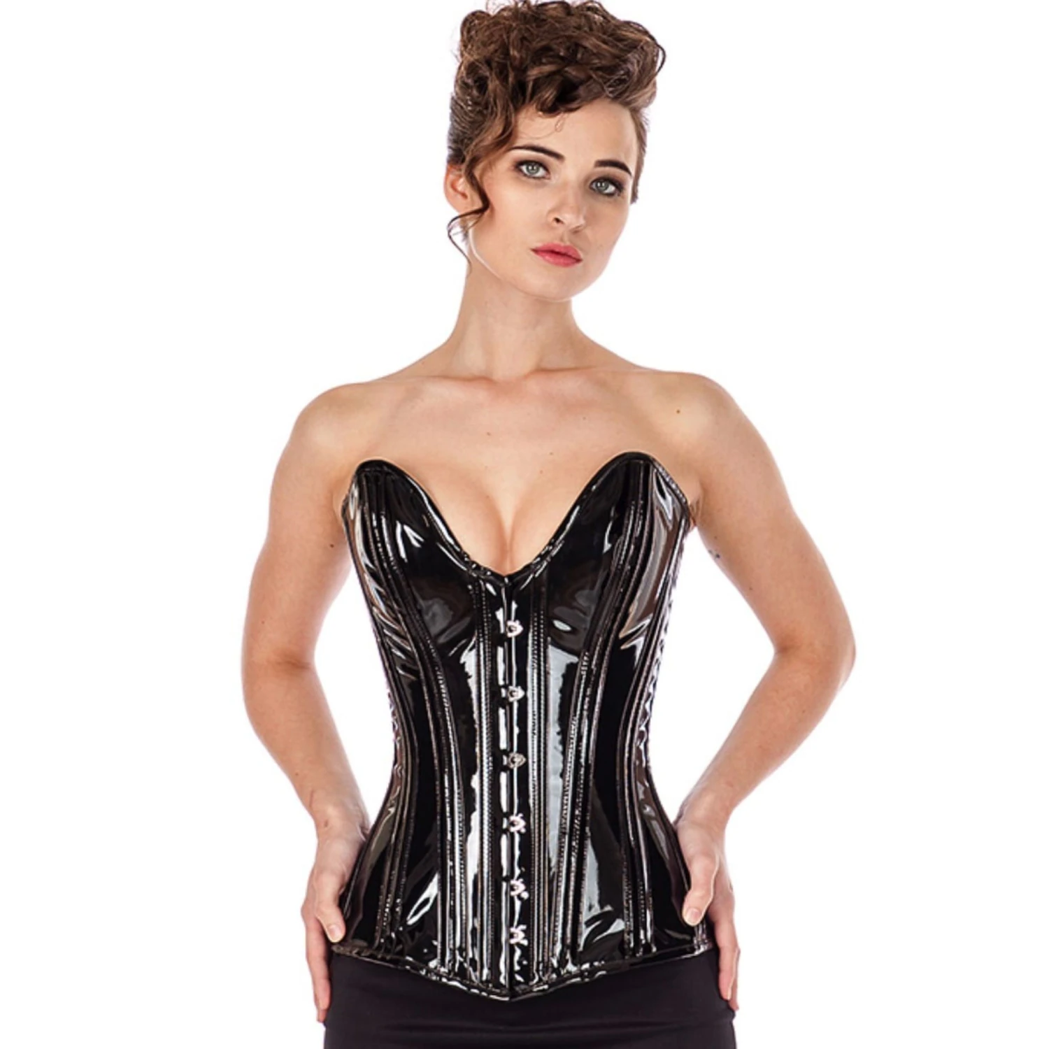 PVC corset overbust corset with low-cut neckline Plunge Black Model showing the front view of an elegant vinyl full-bust corset in black with deep neckline and cotton lining