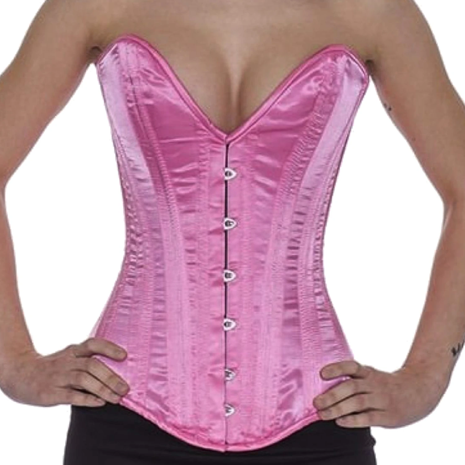 Korsett Pink Sateng Overbust plunge sl03 Ekte helbystekorsett av elegant satinstoff med dyp utskjaering (plunge) i pink for midjereduksjon