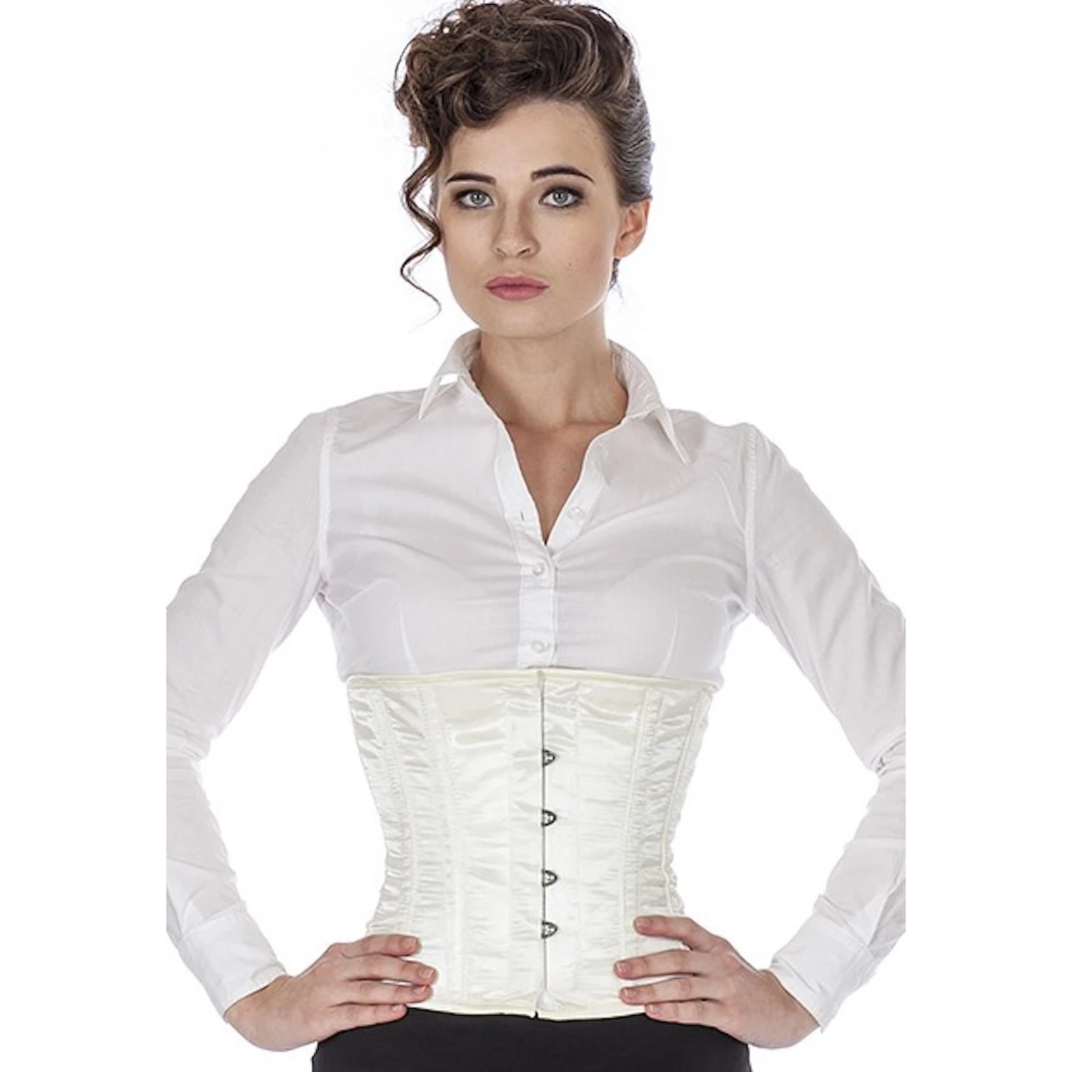 Satin Corset Waist Corset Ivory/Champagne Model wearing an elegant satin waist cincher in ivory with cotton inner lining