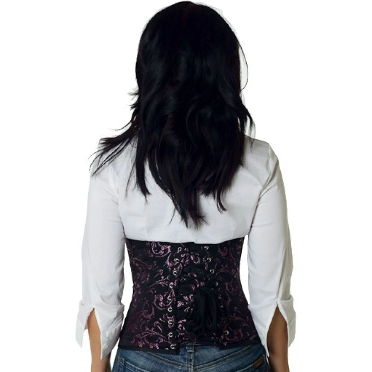 Vista traseira de uma modelo com corset de amarração na cintura em rosa com laços clássicos nas costas