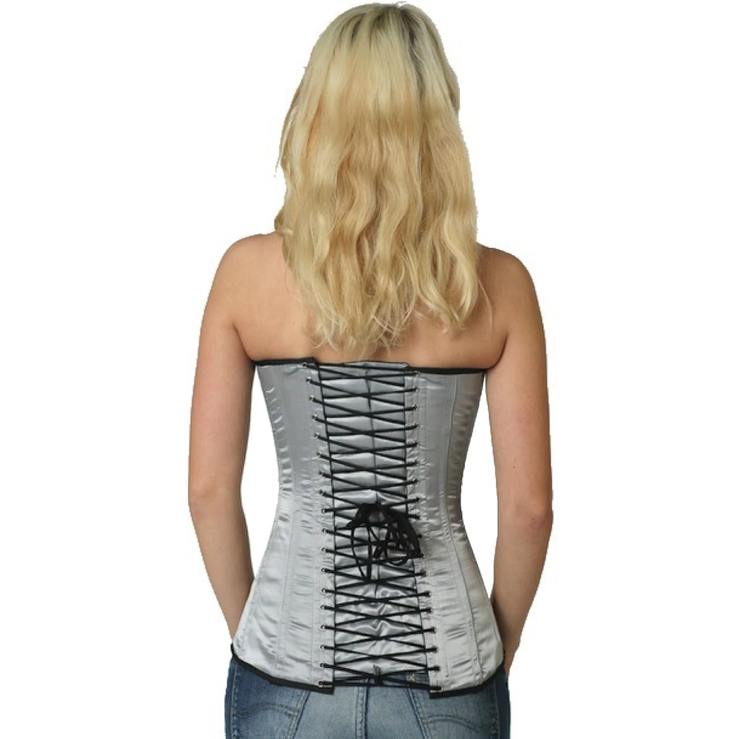 Corset Bustier Grey Silver Satin Overbust Back view of a model in a satin overbust tightlacing corset in grey with classic back lacing
