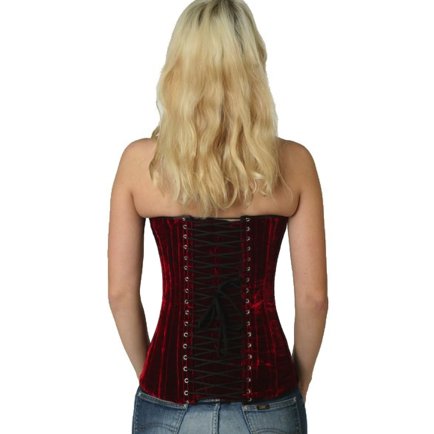 Corsé de terciopelo Corsé de busto completo Rojo Vista trasera de uma modelo con corsé de cordones de terciopelo overbust en rojo con lazada clásica trasera