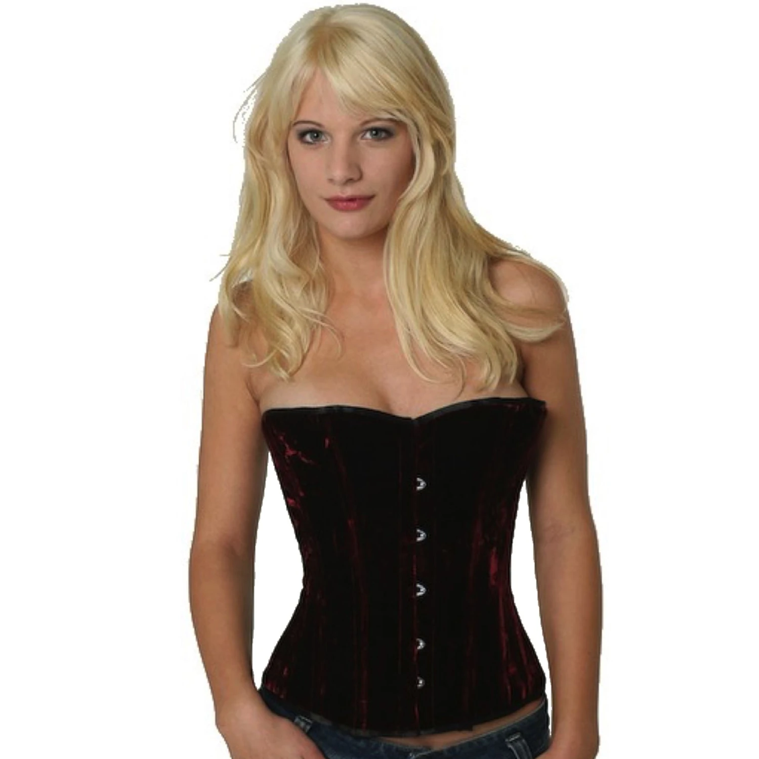 Model wearing an elegant velvet demi-bust corset in red with cotton inner lining