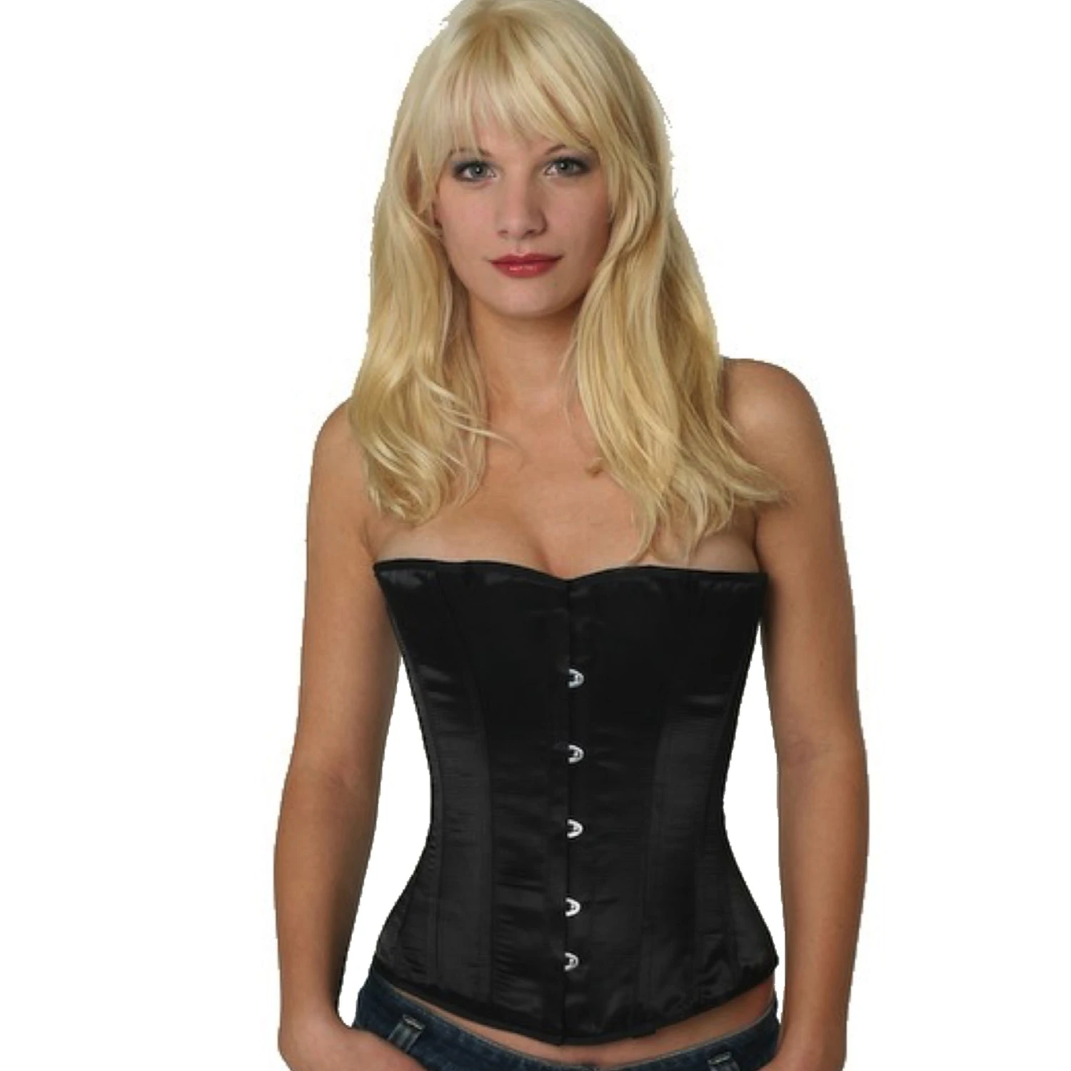 Satin corset half-bust corset black Model wearing an elegant satin half-bust corset in black with cotton inner lining