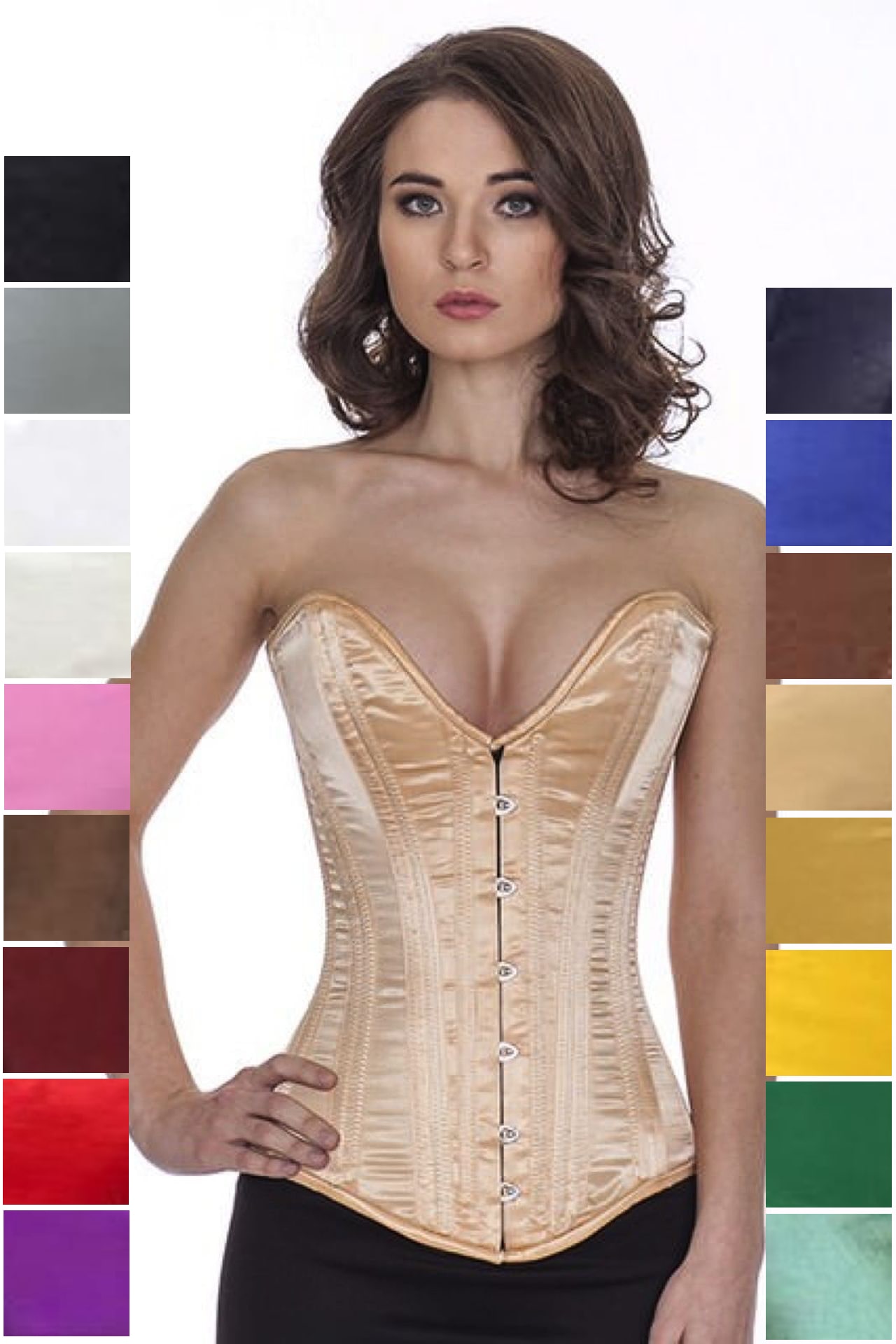 Corset beige satin overbust plunge corset sl11