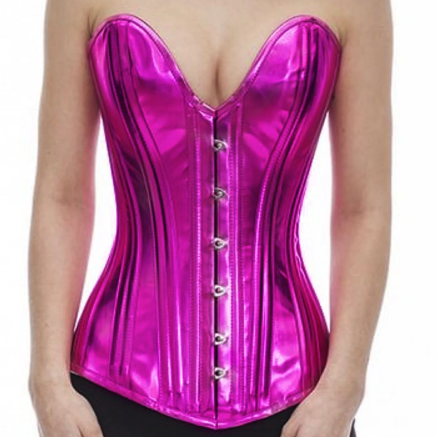 Lackkorsett Vollbrust-Korsett mit tiefem Plunge-Ausschnitt – Pink Echtes Vollbrustkorsett aus glänzendem Lackstoff in Pink Glitter mit tiefem Plunge-Ausschnitt zur Taillenreduktion