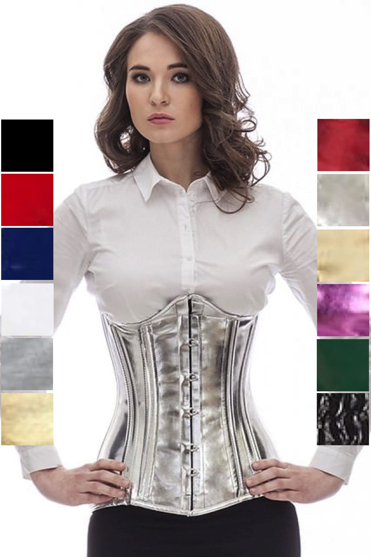 Korsett Corsage Silber Glitter Lack Unterbrust geschwungen pnG4