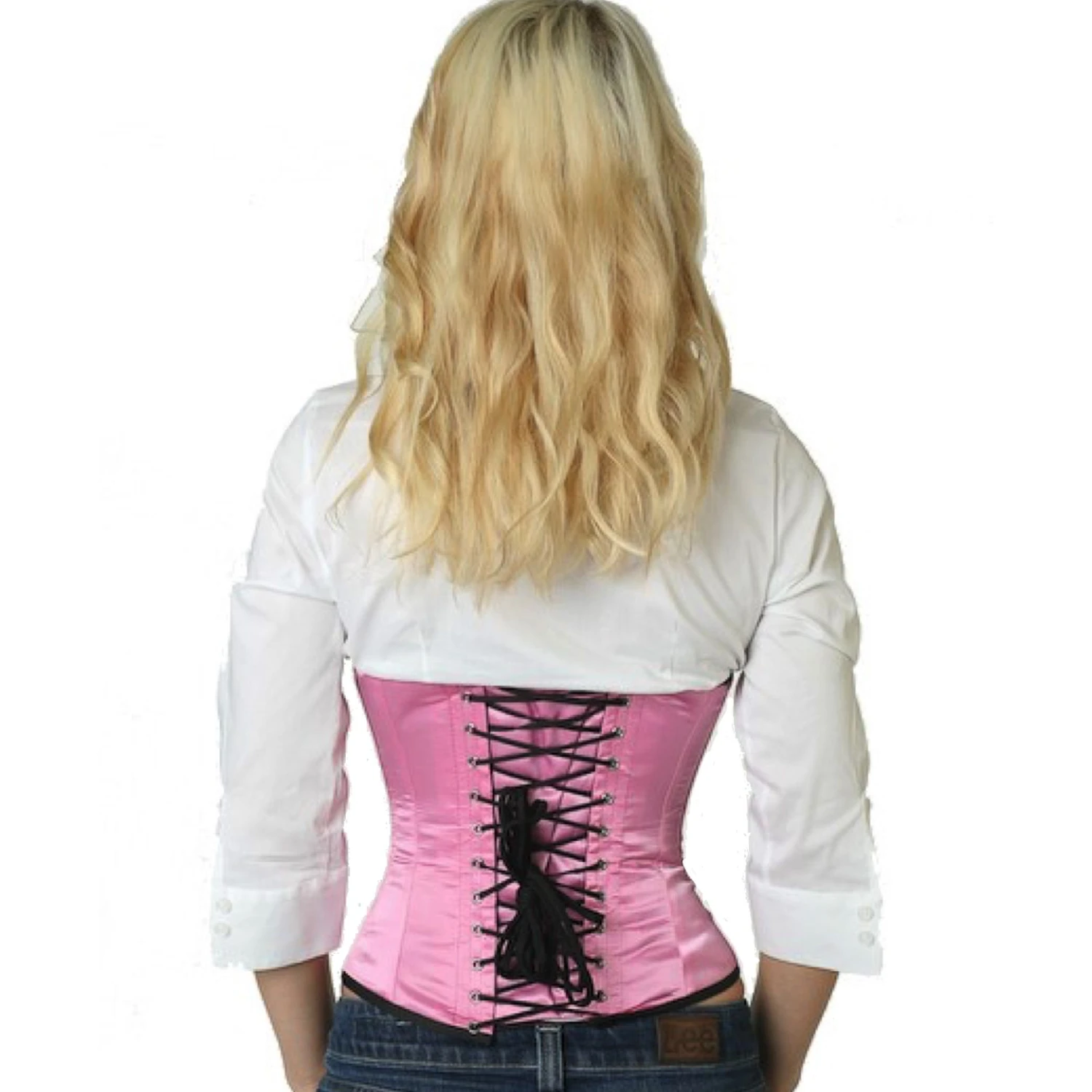 Korsett Pink Sateng Midje sw03 Bakside av en modell i satin-snorekorsett med taille i pink med klassisk snoring bak