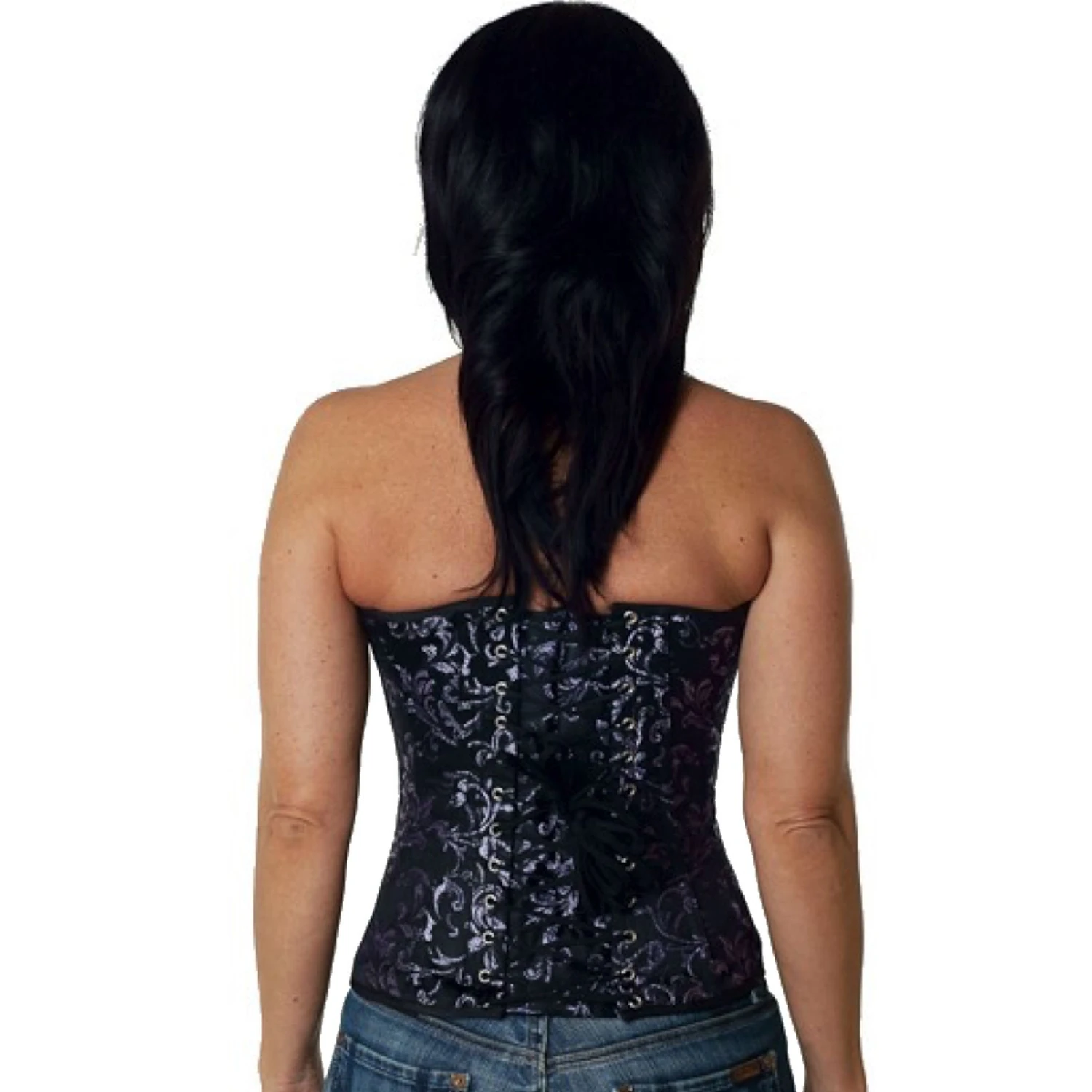 Violet Brocade Half-Bust Corset – Majestic Waist Cincher for Dramatic Silhouettes Back view of a model in a brocade half-bust tightlacing corset in purple with classic back lacing