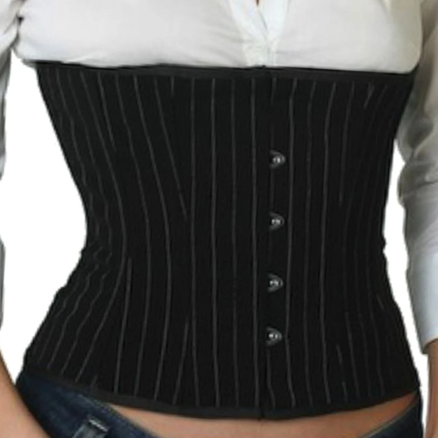 Nadelstrepen taille-corset – Echt rijgveterkorset (kort, normaal & maatwerk) Echt krijtstreep taillekorset met roestvrijstalen busksluiting aan de voorzijde