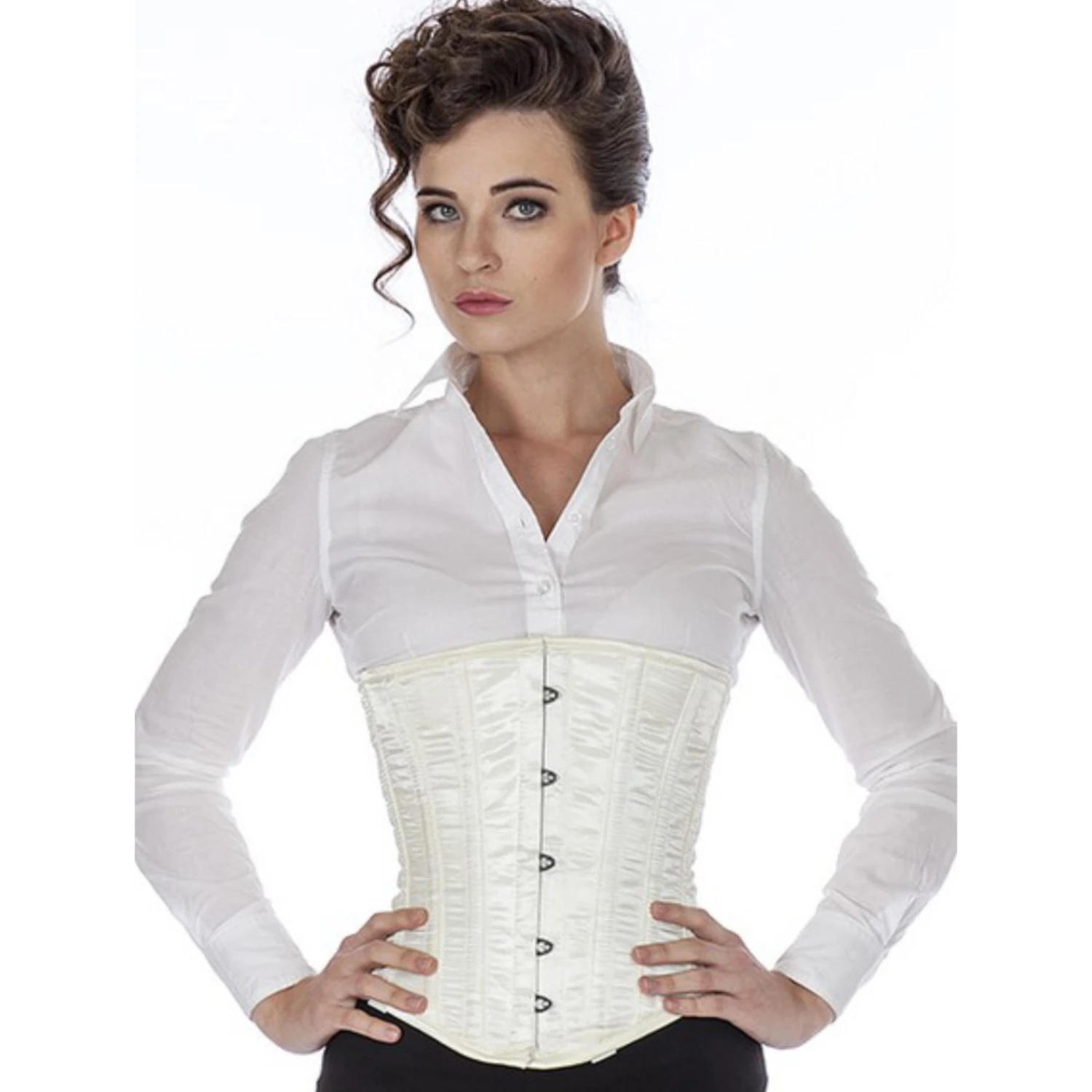 Satin Corset Underbust Corset Ivory/Champagne – Festive Lustre & Elegant Silhouette Model wearing an elegant satin underbust corset in ivory with cotton inner lining
