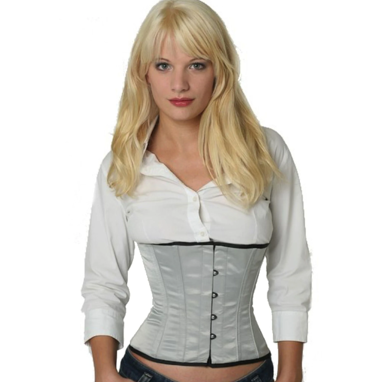Satin waist corset grey Model wearing an elegant satin waist cincher in grey with cotton inner lining