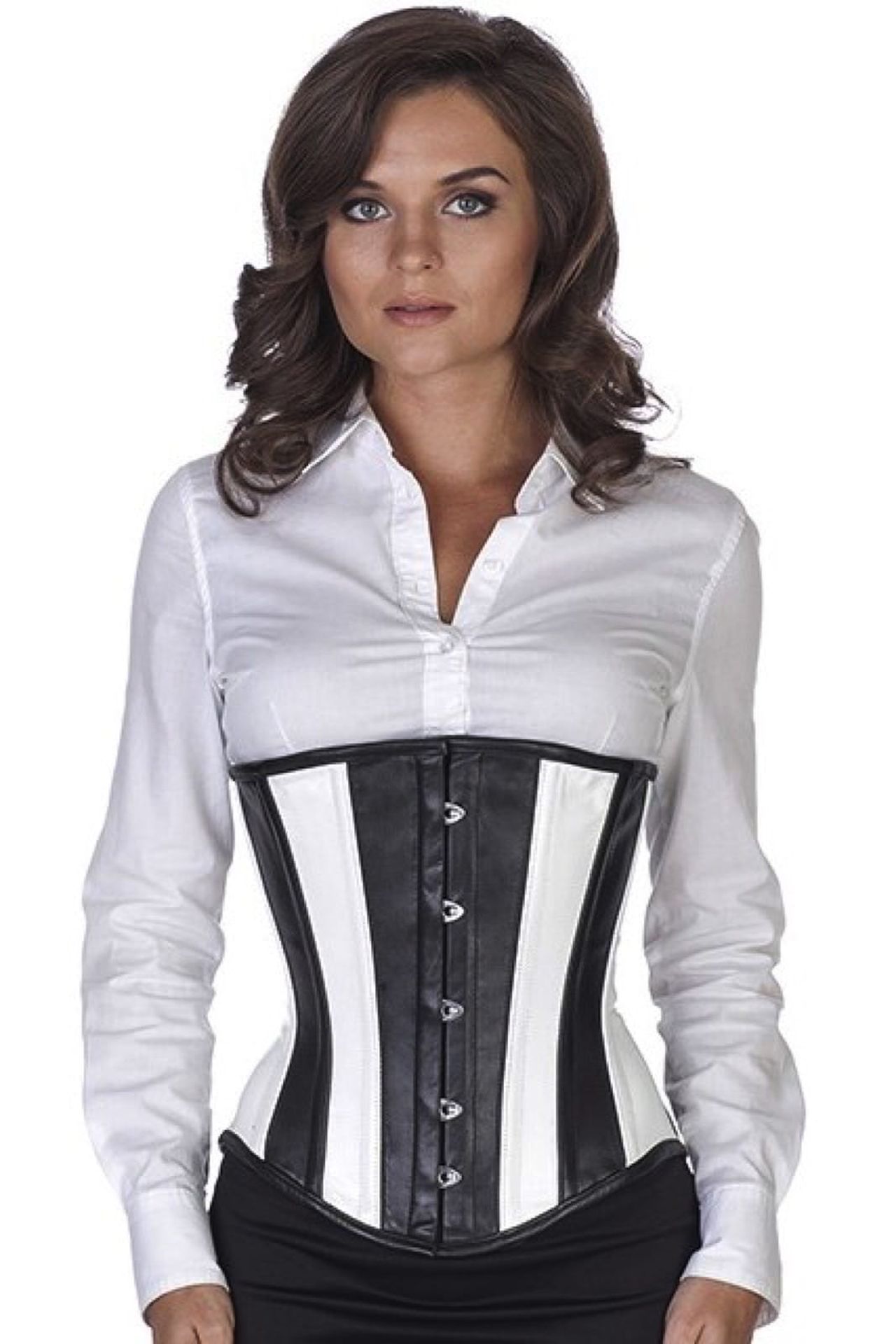 Corset black white leather underbust lu35