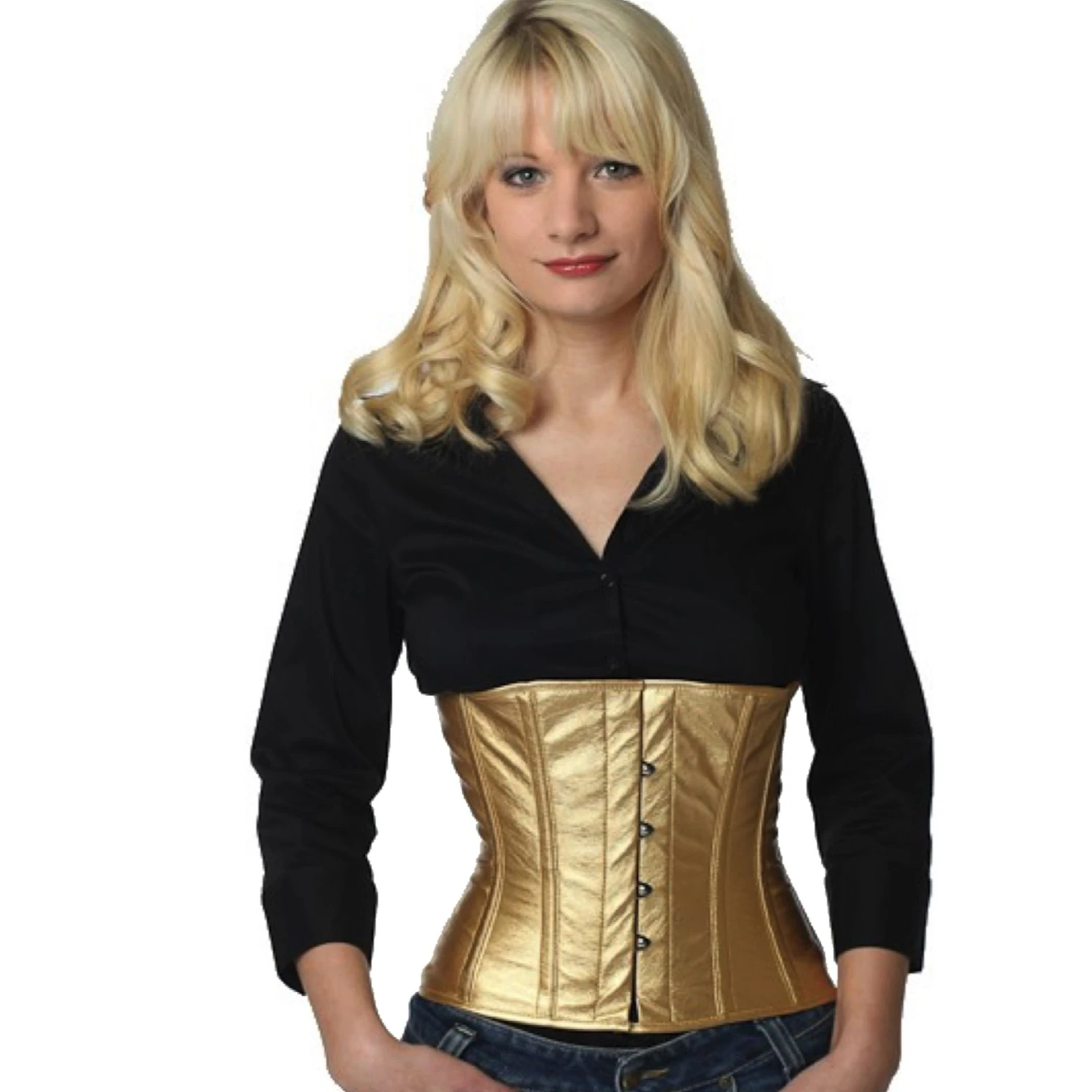 PVC Corset Waist Corset Gold Model wearing a short vinyl waist cincher corset in gold with cotton inner lining