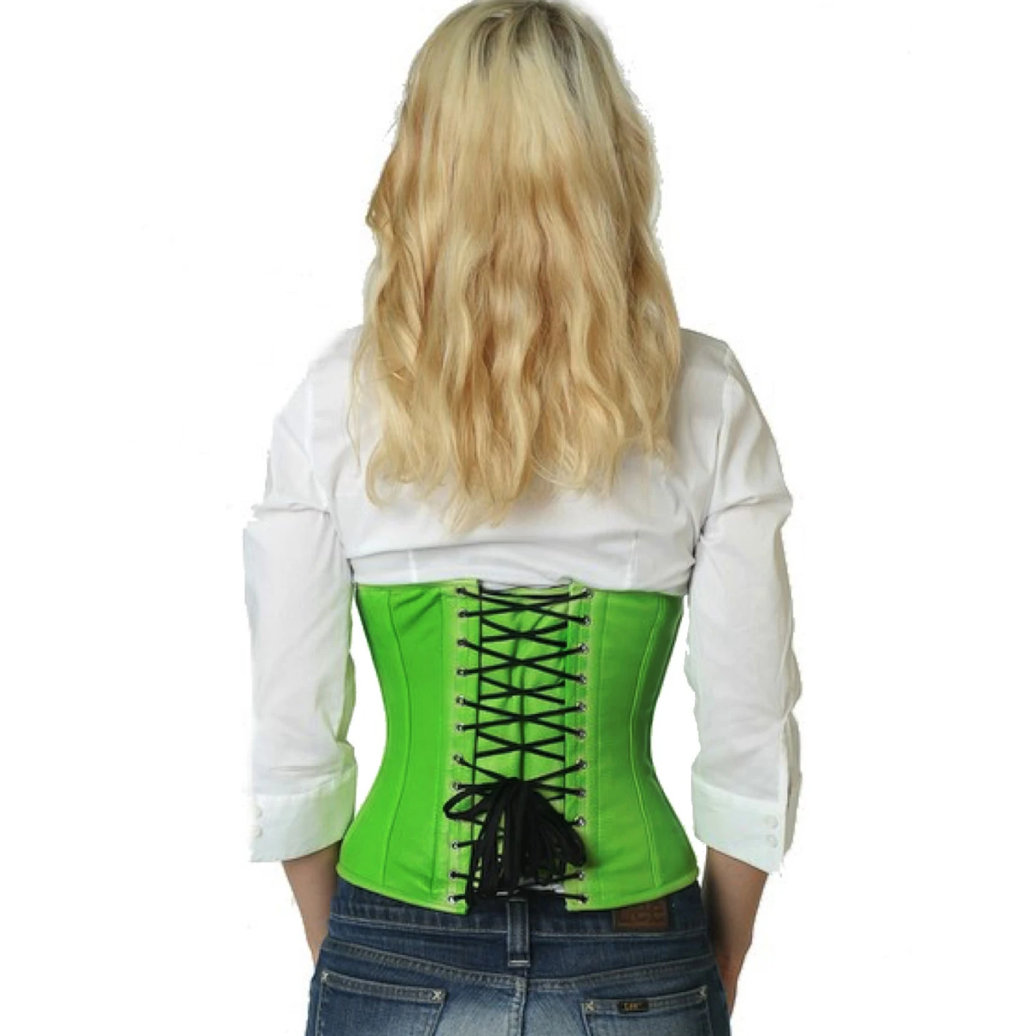 Espartilho de cintura de couro genuíno em verde marcante Vista traseira na modelo para o corset de couro taillenkorsett em verde com amarração clássica nas costas e 10 barbatas de aço inoxidável.