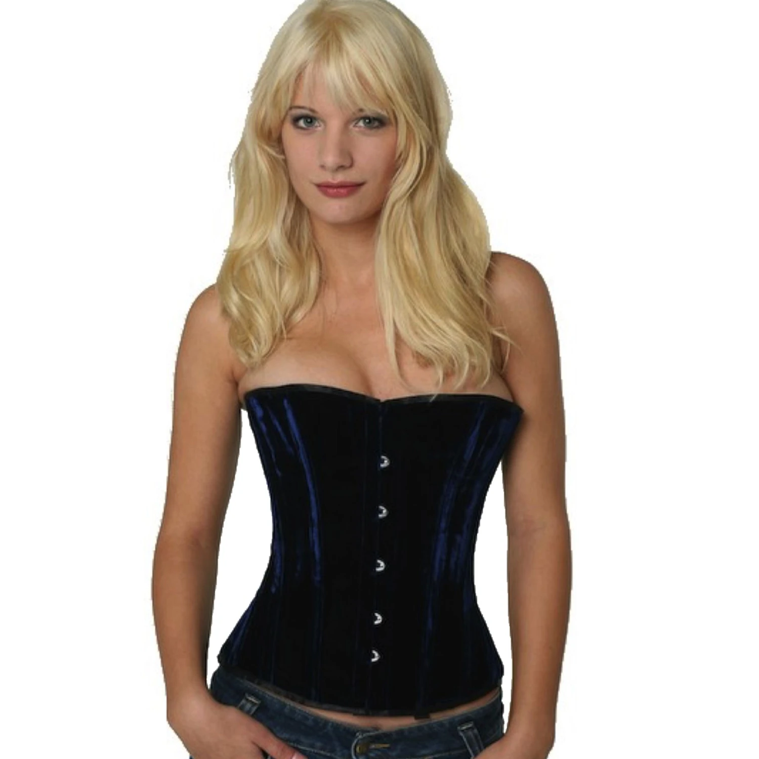 Model wearing an elegant velvet demi-bust corset in blue with cotton inner lining