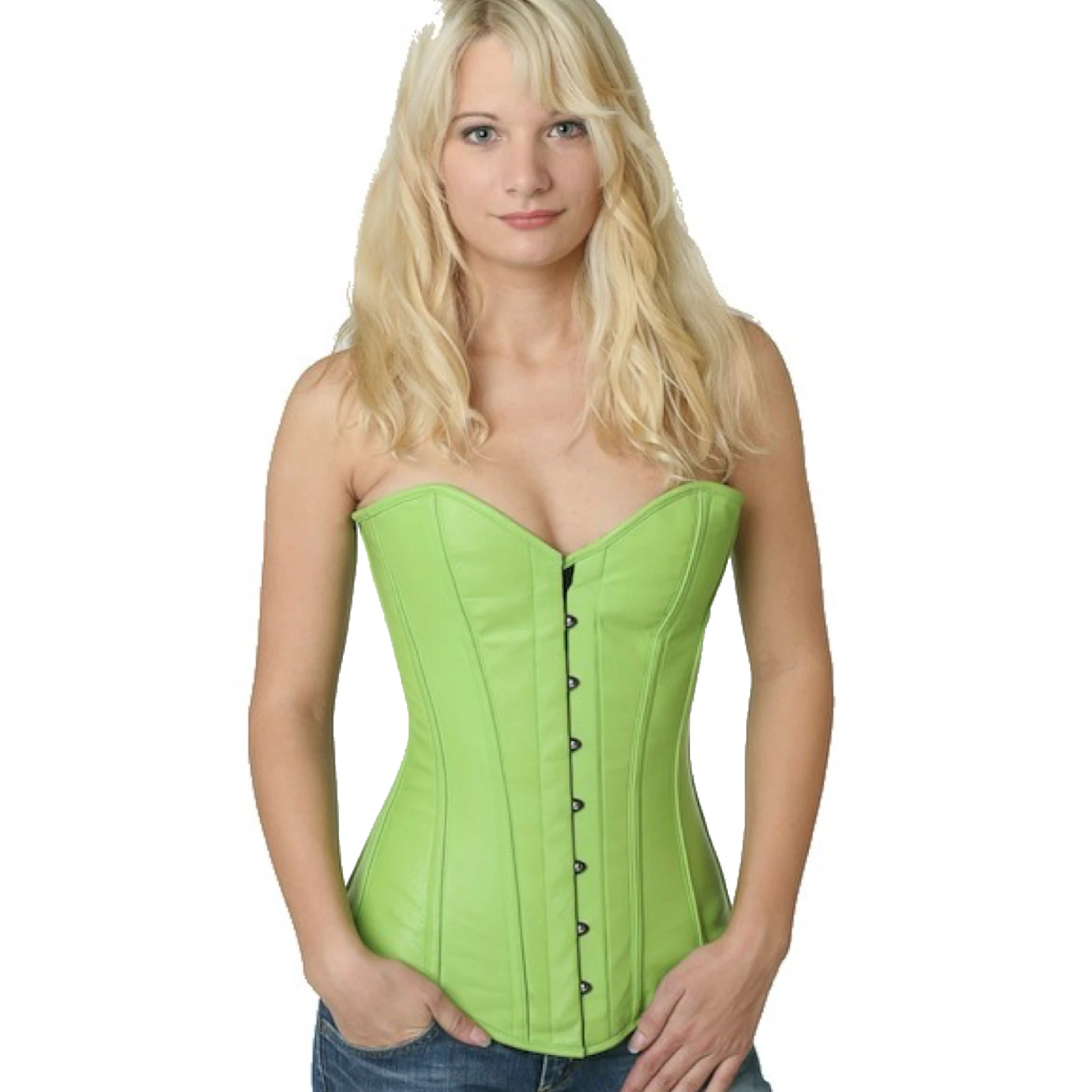 Espartilho de couro de busto completo em verde – Couro genuíno que mantém a forma para uma silhueta marcante Modelo vestindo o vollbrust-corset de couro em verde na vista frontal para uma redução de cintura de até 10cm.
