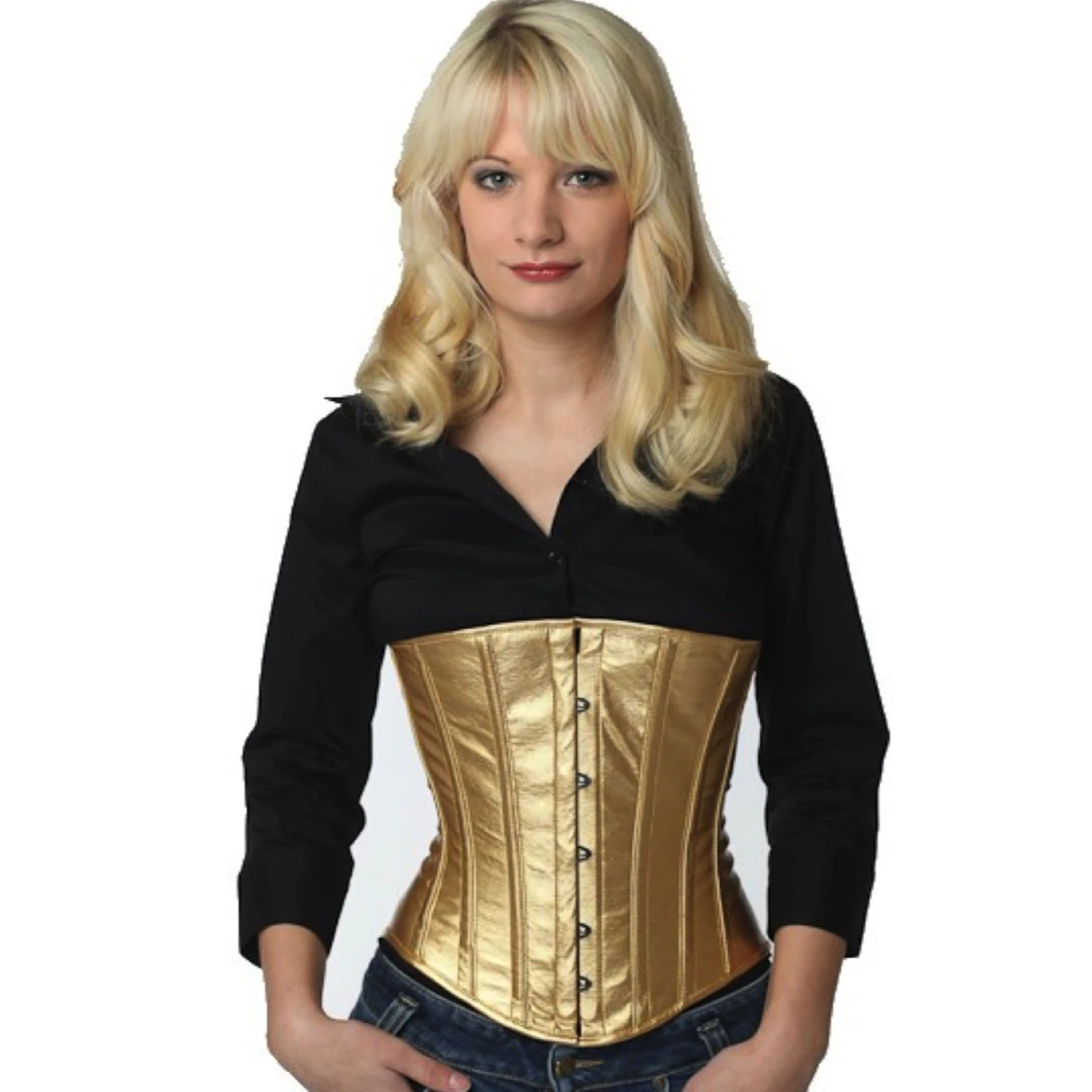 Lackkorsett Unterbrustkorsett Gold mit Edelstahl-Korsettstangen Modell trägt ein klassisches Lack-Unterbrustkorsett in gold mit Innenfutter aus Baumwolle