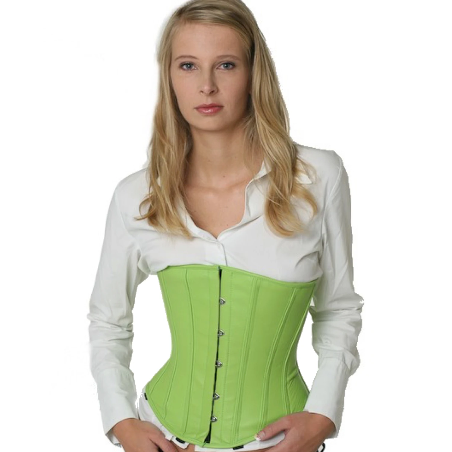 Espartilho de couro, espartilho abaixo do busto, verde, de couro genuíno Modelo vestindo o corset sob o busto de couro em verde. Corset de amarração autêntico para redução de cintura de até 10 cm, vista frontal.