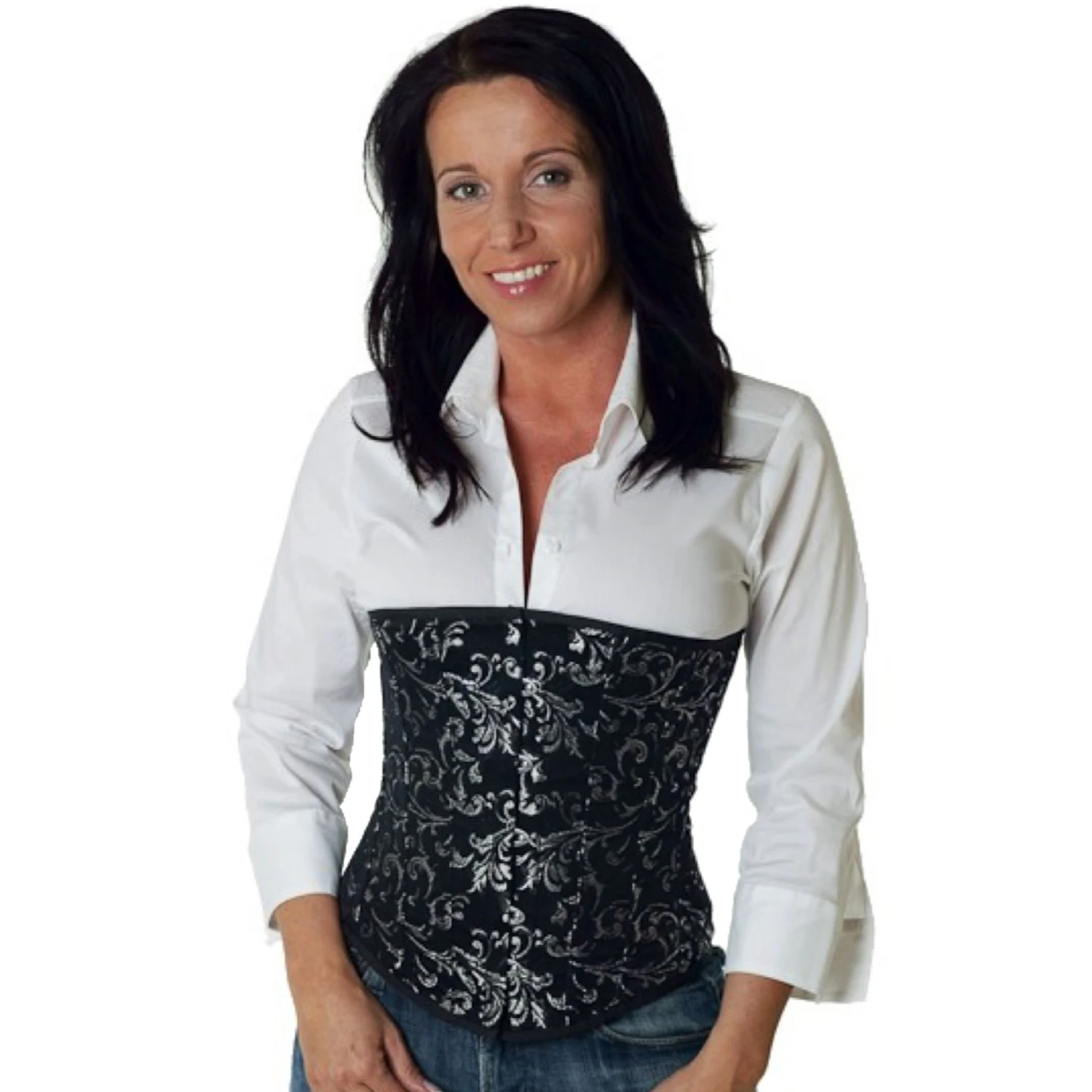 Silver brocade underbust corset – buy genuine lace-up corset with stainless steel boning Model wearing an elegant brocade underbust corset in silver with cotton inner lining