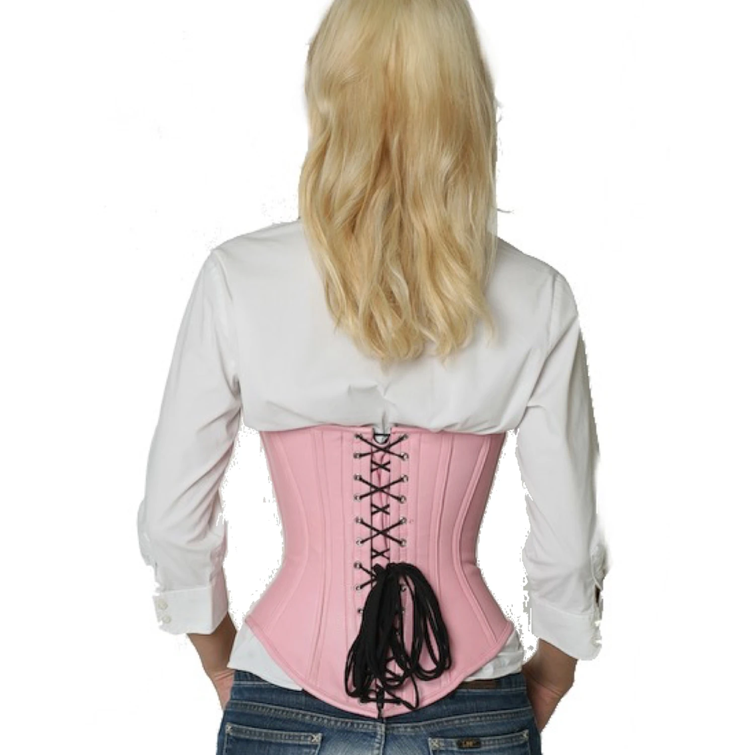 Lærkorsett underbust-korsett rosa – snørekorsett i ekte lær Bakside på modell: Lærkorsett underbystekorsett i rosa com klassisk snøring bak og 14 korsetstivler i rustfritt stål.