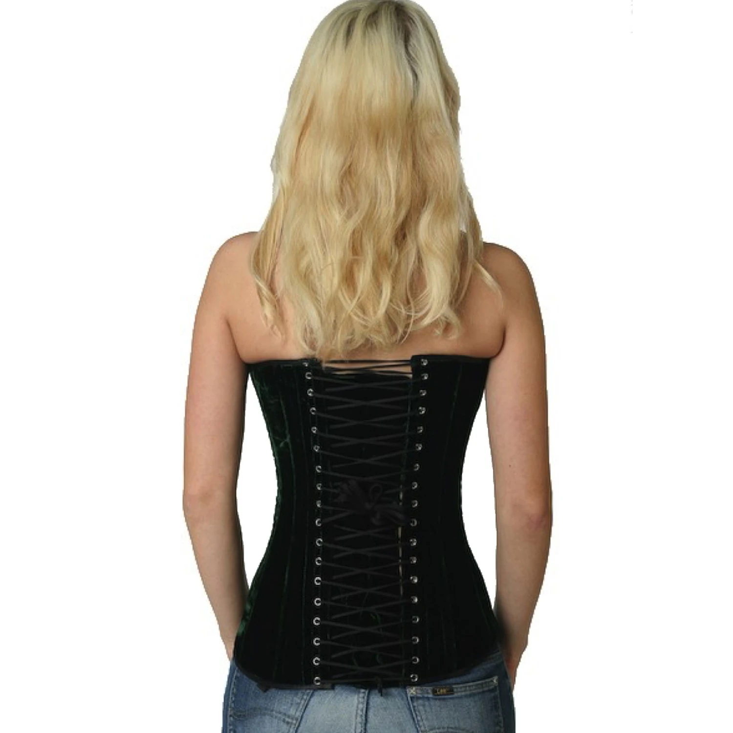 Overbust velvet corset in green Back view of a model in a velvet overbust tightlacing corset in green with classic back lacing
