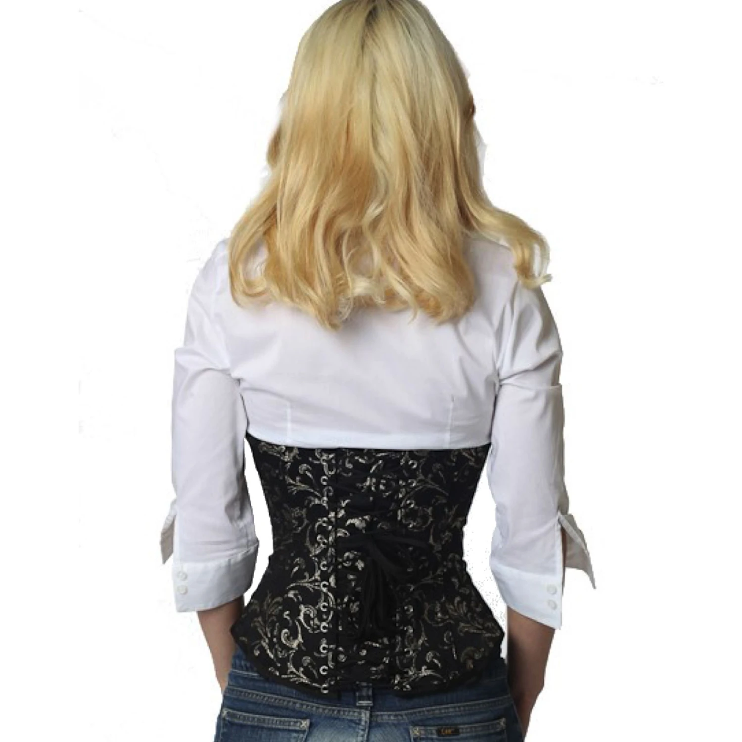 Golden brocade underbust corset – Buy luxurious lace-up corset with genuine stainless steel Back view of a model in a brocade underbust tightlacing corset in gold with classic back lacing