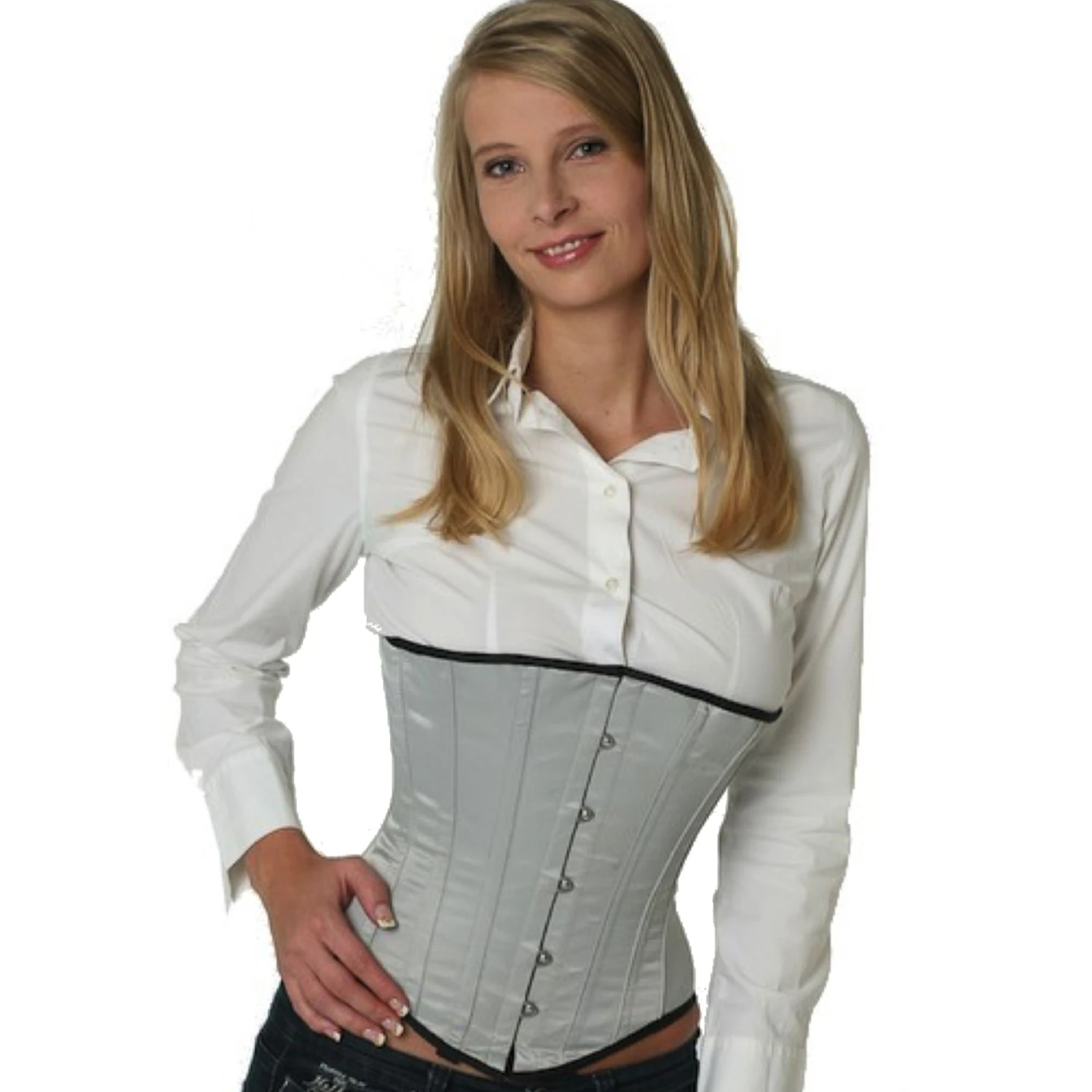 Satin corset underbust corset grey Model wearing an elegant satin underbust corset in grey with cotton inner lining
