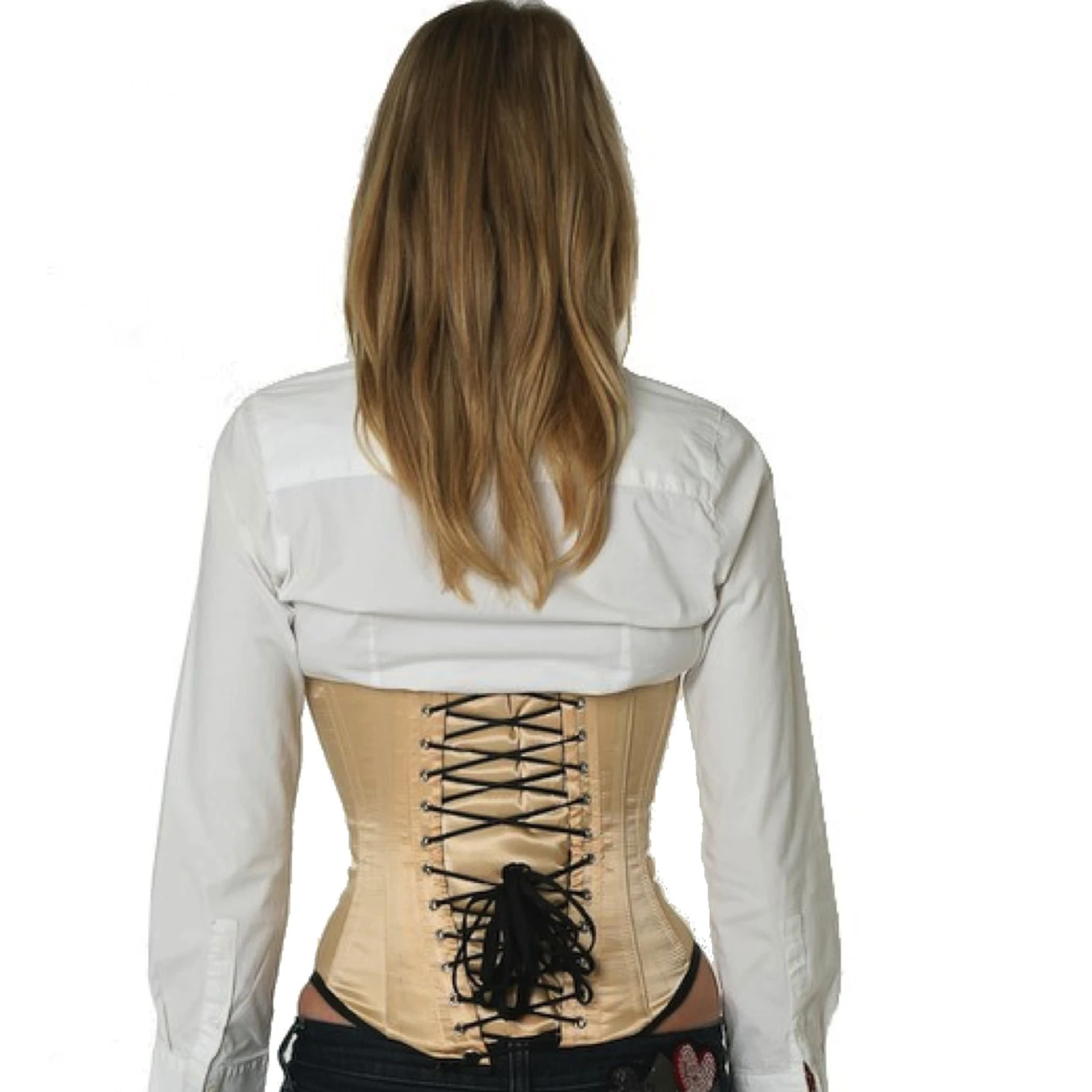Satin corset underbust corset beige Back view of a model in a satin underbust tightlacing corset in beige with classic back lacing