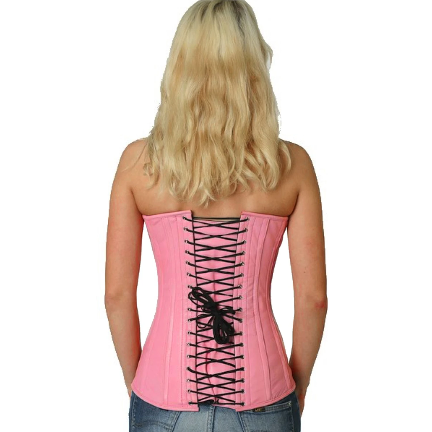 Espartilho de busto completo em pele genuína, rosa‑choque Vista traseira na modelo para o corset de couro vollbrustkorsett em rosa com amarração clássica nas costas e 14 barbatanas de aço inoxidável.