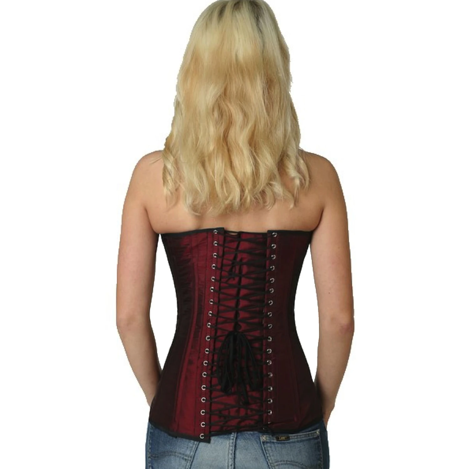 Espartilho Corset vermelho vinho cetim sy05 Vista traseira de uma modelo com corset de amarração em cetim busto completo em vermelho escuro com laços clássicos nas costas