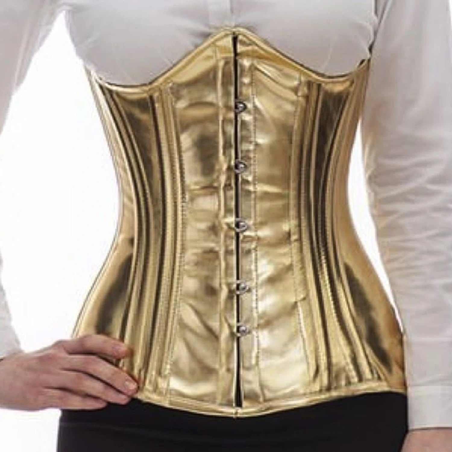 Korsetti PVC kulta glitter pnG5 Aito lakkakankainen underbust-korsetti ylreunasta kaareva kultana glitterina vyotaron kavennukseen