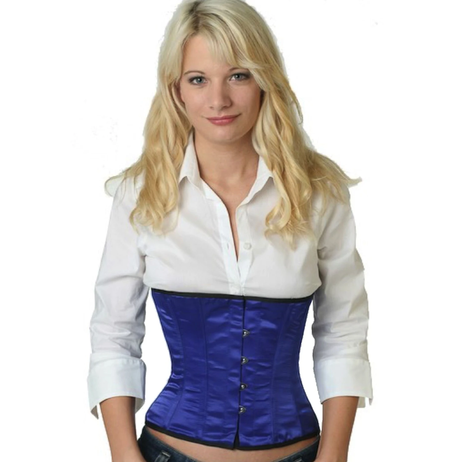 Satin Corset Waist Corset Blue Model wearing an elegant satin waist cincher in blue with cotton inner lining