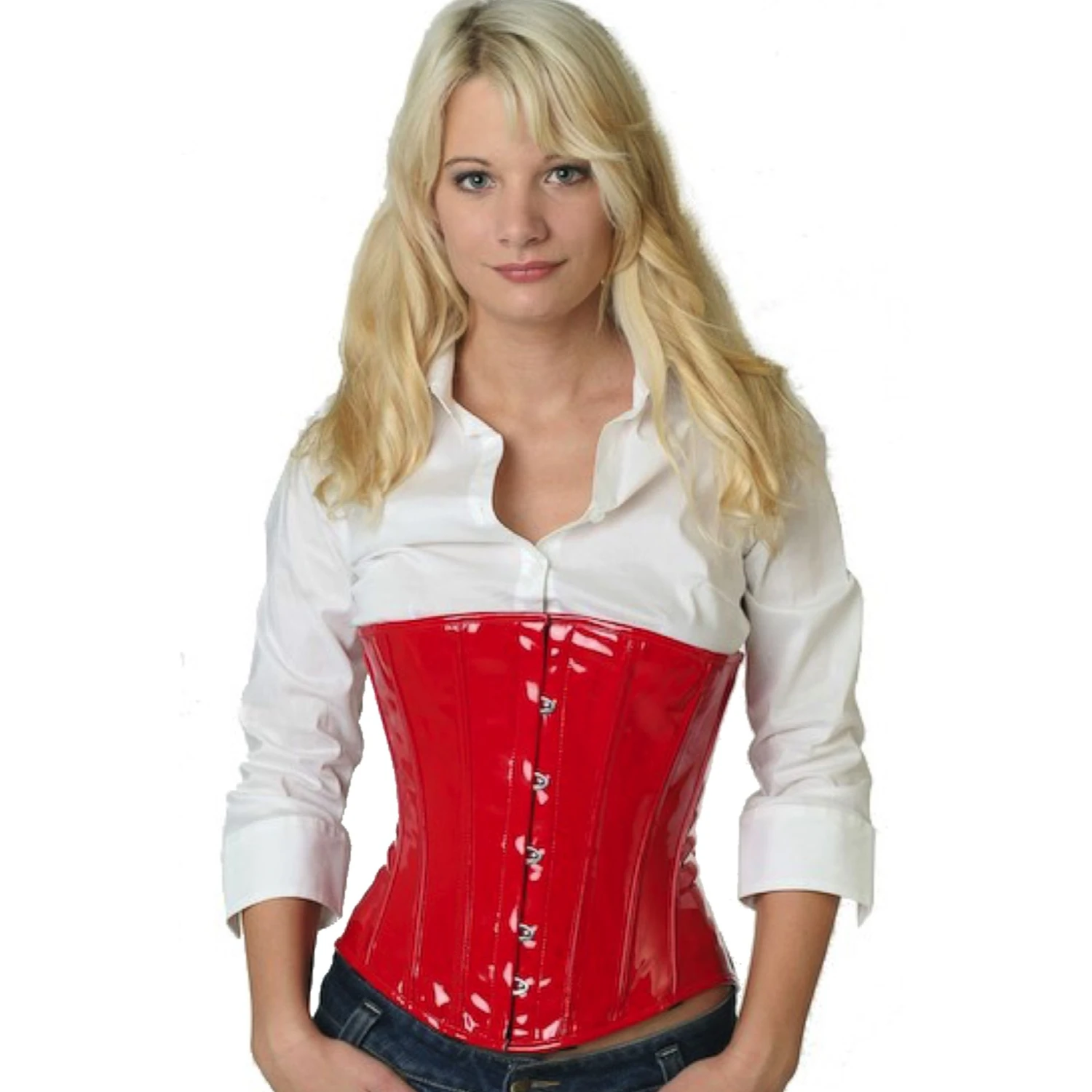 Lackkorsett Unterbrustkorsett Rot mit Edelstahl-Korsettstangen Modell trägt ein klassisches Lack-Unterbrustkorsett in rot mit Innenfutter aus Baumwolle