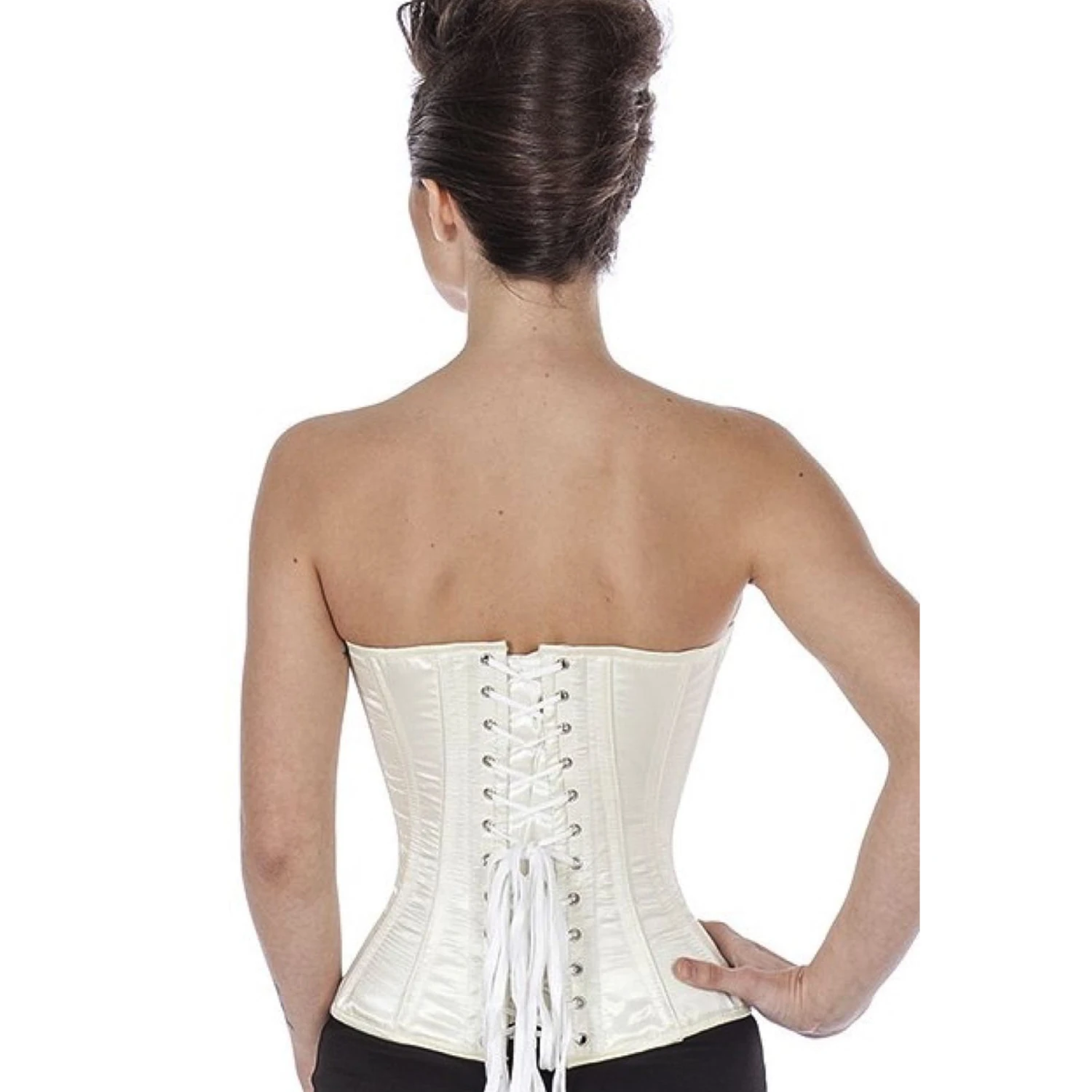 Espartilho meia-taça de cetim em marfim/champanhe – elegante espartilho com cordões Vista traseira de uma modelo com corset de amarração em cetim em marfim com laços clássicos nas costas