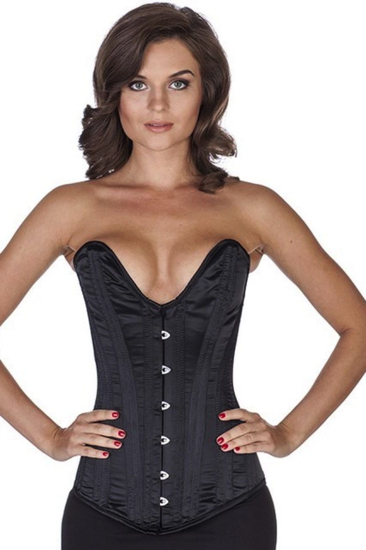 Korsett schwarz Satin Vollbrust tiefer Ausschnitt Korsett schwarz Satin Vollbrust tiefer Ausschnitt